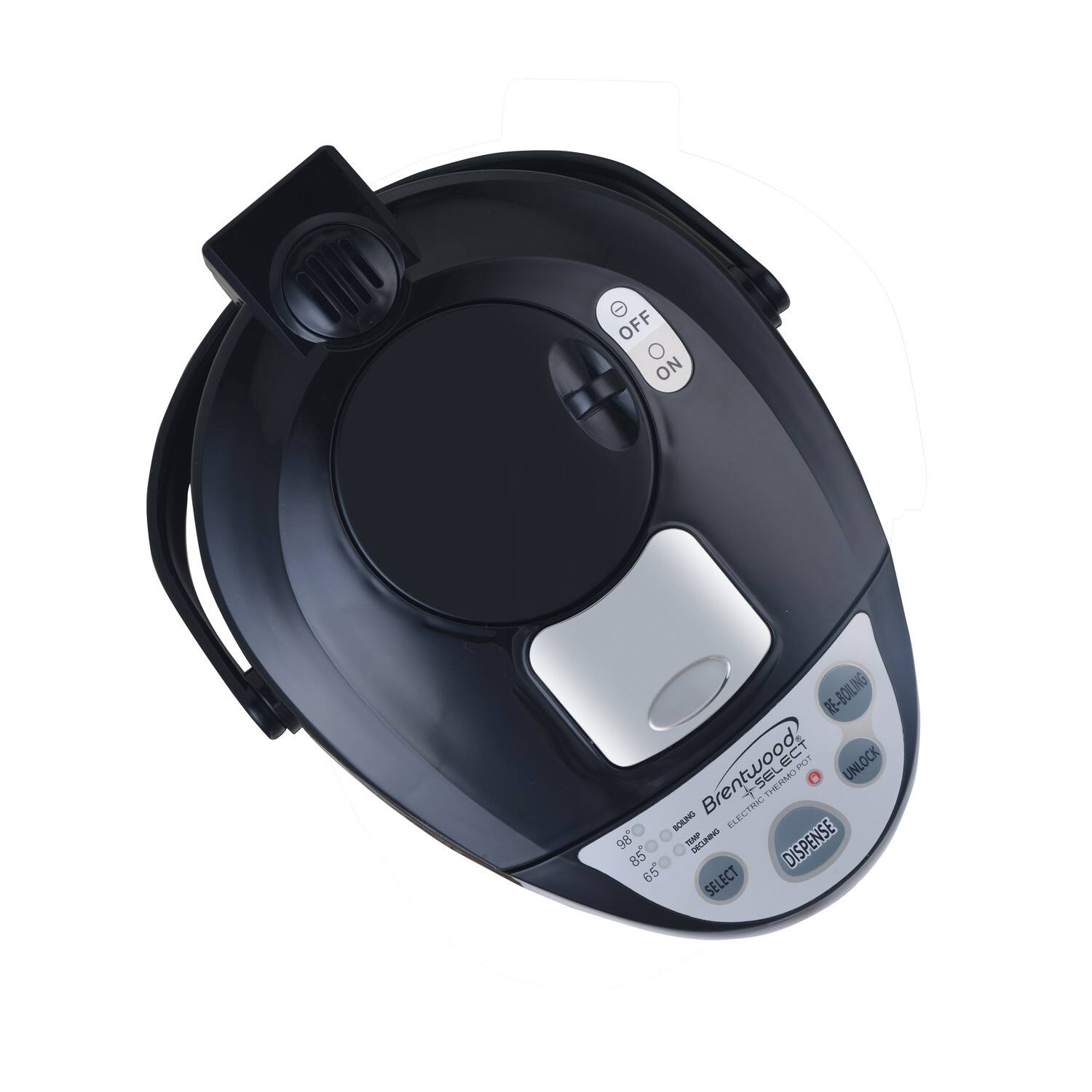 Brentwood  
ELECTRIC THERMOTRONIC  
98°  
85°  
65°  
SELECT  
DISPENSE  
RE-BOILING  
UNLOCK  
OFF  
ON