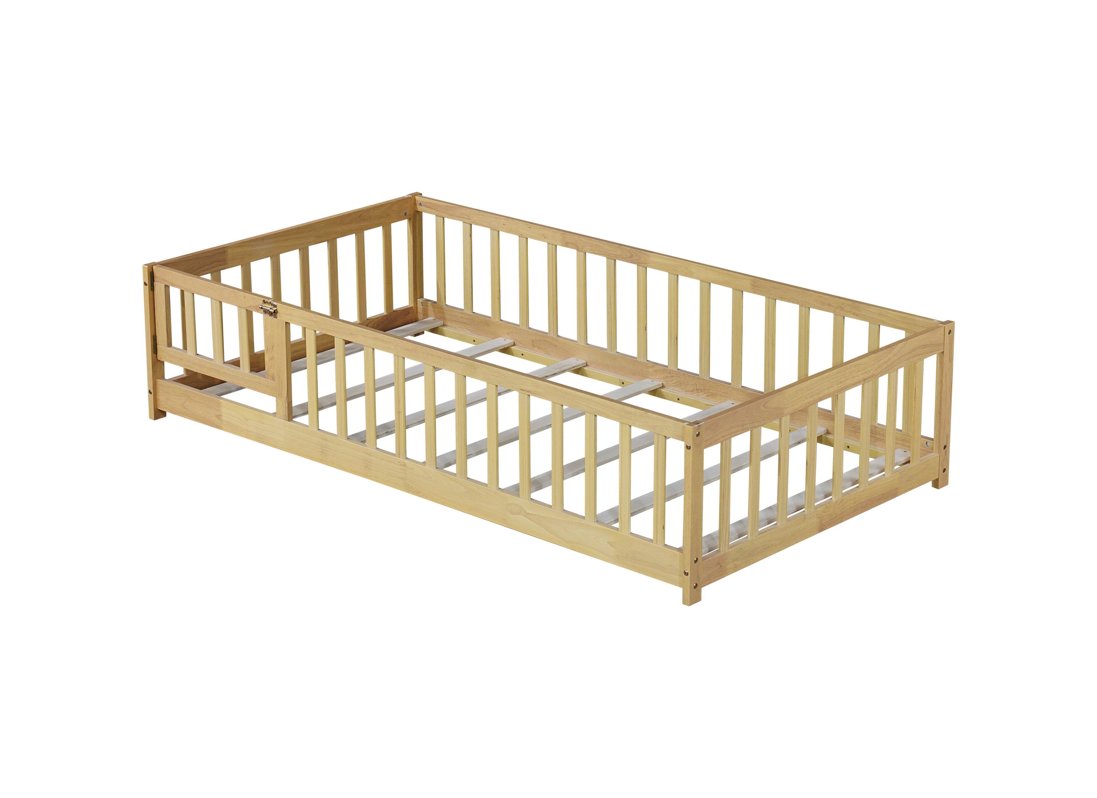 Alt View 10. Tiramisubest - Twin Size Floor Bed with Fence and Door,Rubber Wood Floor Bed with Safety Guardrails,Natural - Natural.