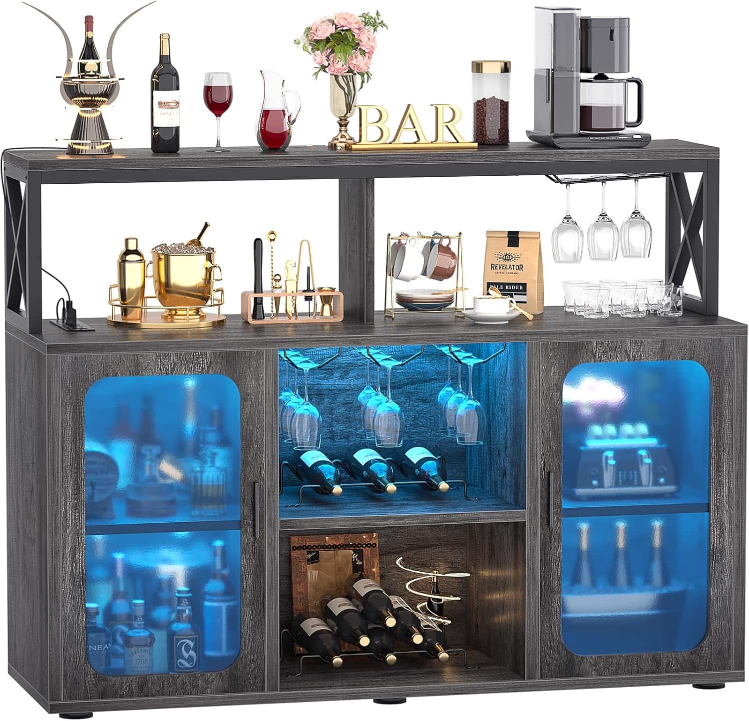 Aheaplus - Bar Cabinet with Power Outlets & LED Lights, Glass Holder, Wine Rack,Multi-functional Storage Buffet for Home/Kitchen - Rustic Brown