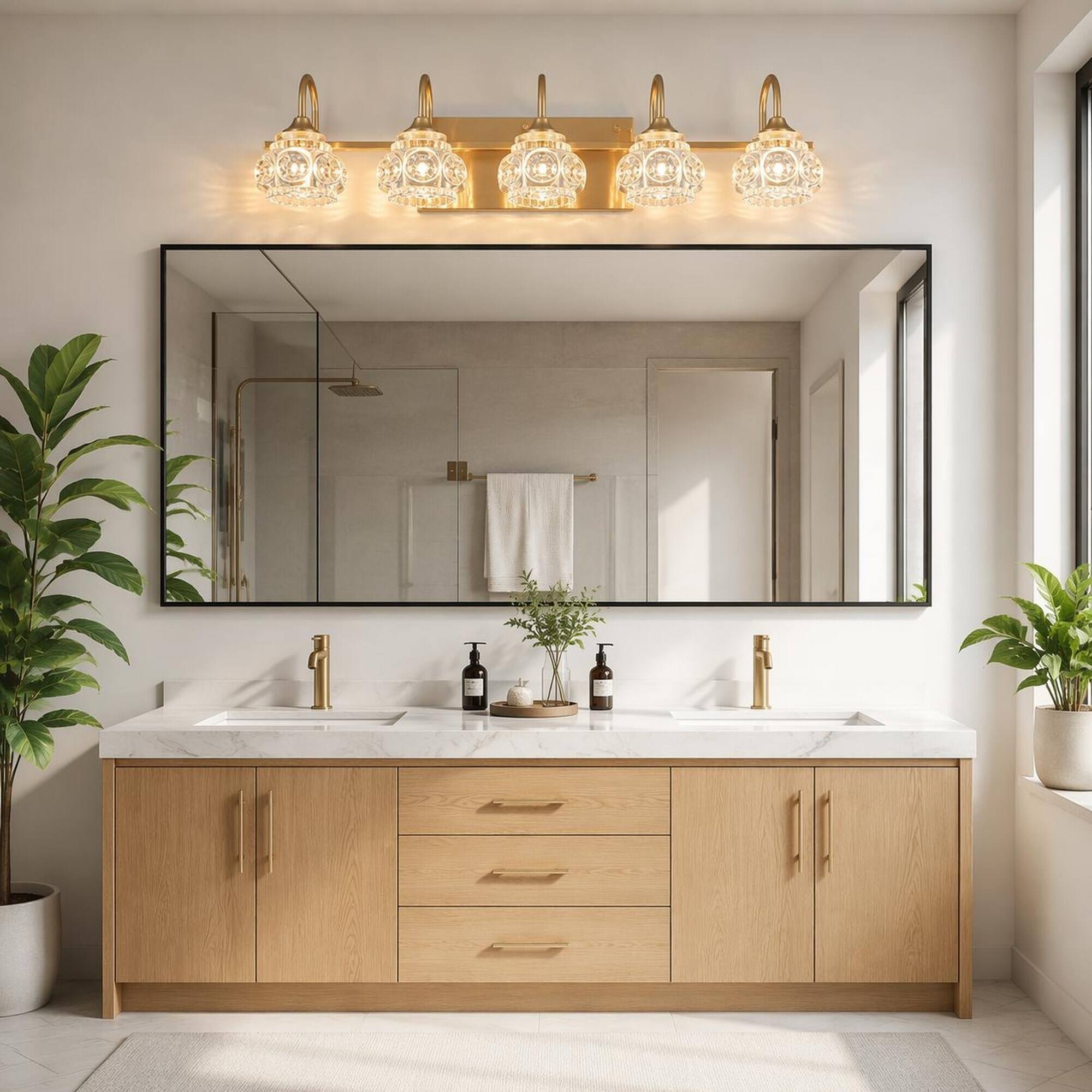 Left. RYHNUYNE - 5‑Light Bathroom Vanity Light,29" Black Iron Wall Sconce with Clear Crystal Shades for Bathroom - Gold.