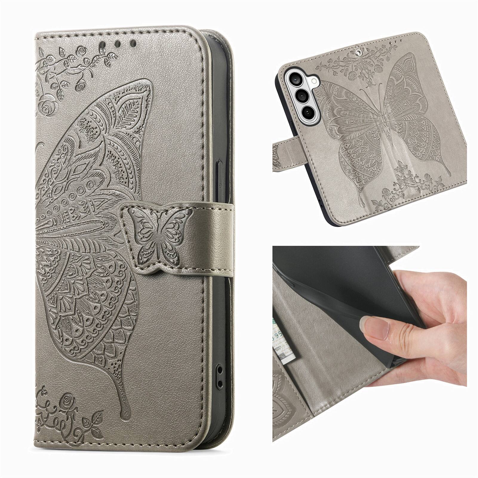Alt View 1. Dteck - Wallet Case for Samsung Galaxy A56, Embossed Butterfly Pattern Leather Card Slots Flip Stand Cover+Strap - Gray.