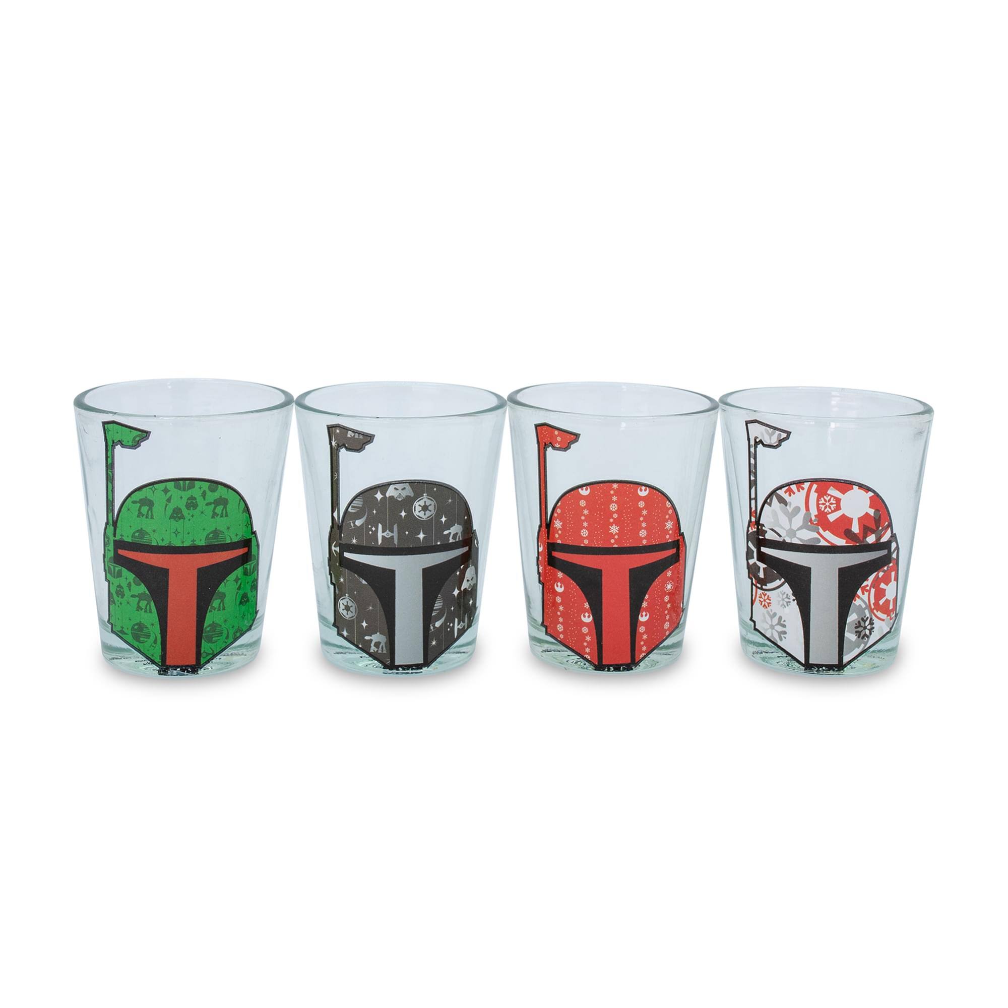 Front. Silver Buffalo - Star Wars Holiday Boba Fett 2.5-Ounce Mini Shot Glasses | Set of 4 - Green.