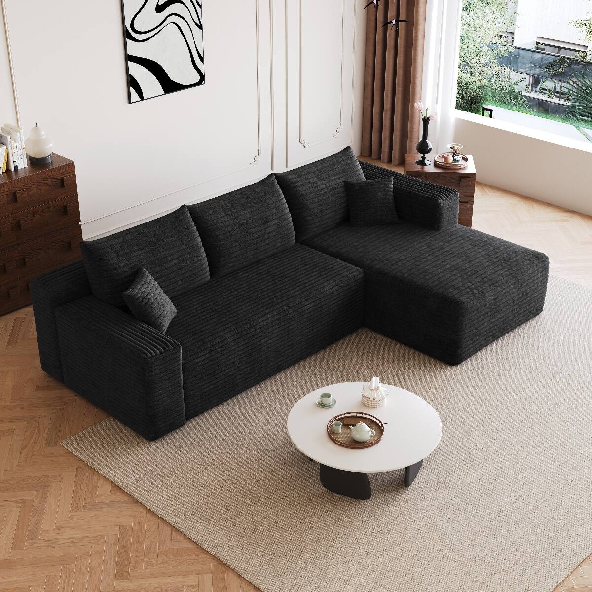 Alt View 2. Ropilly - Ropilly 95 Inch U Shaped Sectional Sofa Black Corduroy Living Room Sectional Couch with Reversible Chaise - Black.