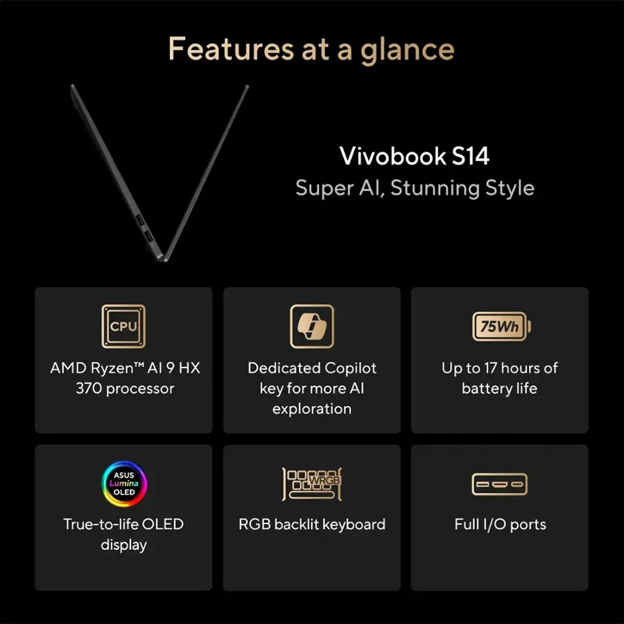 ASUS - Vivobook S14 - 14" WUXGA OLED Laptop - Copilot+ PC - AMD Ryzen AI 9 HX 370 with 32GB Memory - 1TB SSD - Neutral Black
