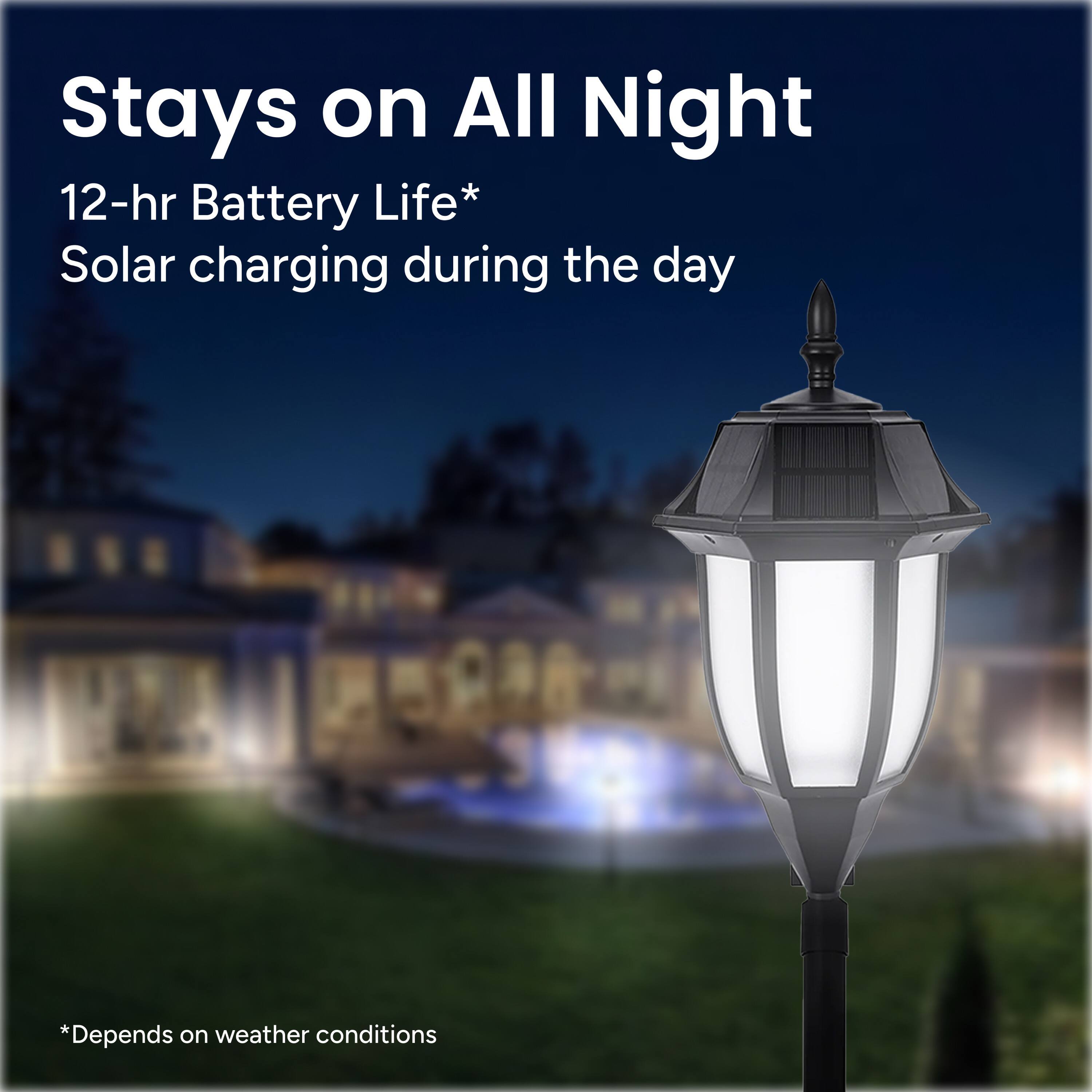 Stays on All Night
12-hr Battery Life*
Solar charging during the day
*Depends on weather conditions