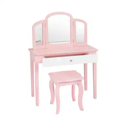 Front. SlickBlue - Kids Princess Makeup Dressing Table with Tri-Fold Mirror and Matching Chair - Pink.