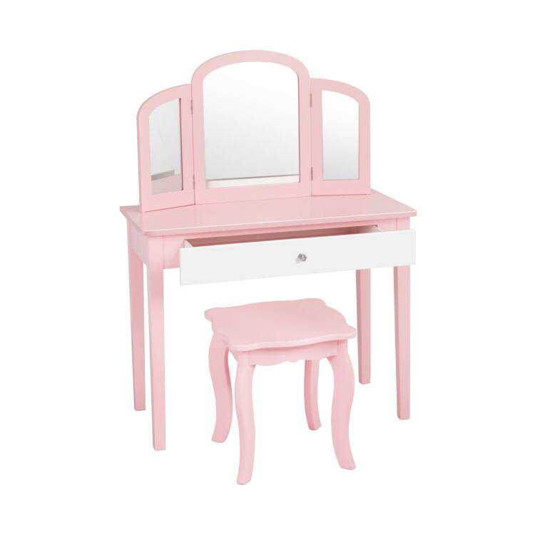 Front. SlickBlue - Kids Princess Makeup Dressing Table with Tri-Fold Mirror and Matching Chair - Pink.