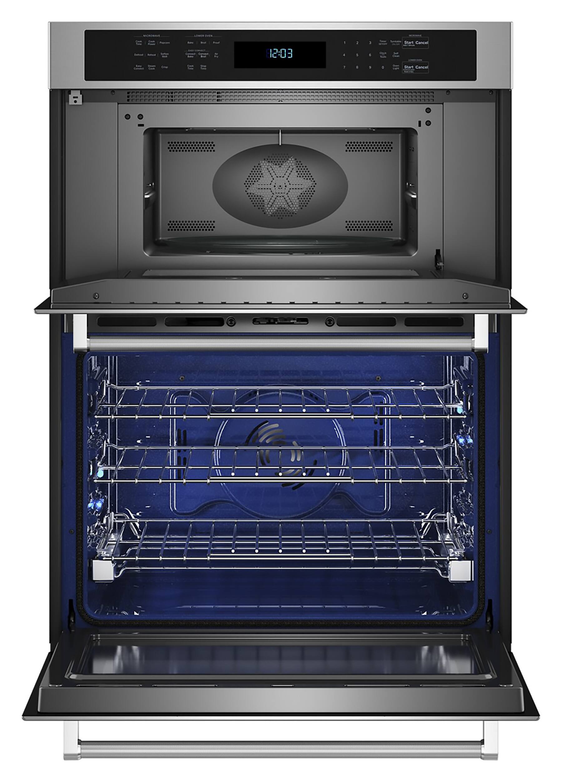 The oven is open and has a blue interior. The time displayed on the oven is 12:03.