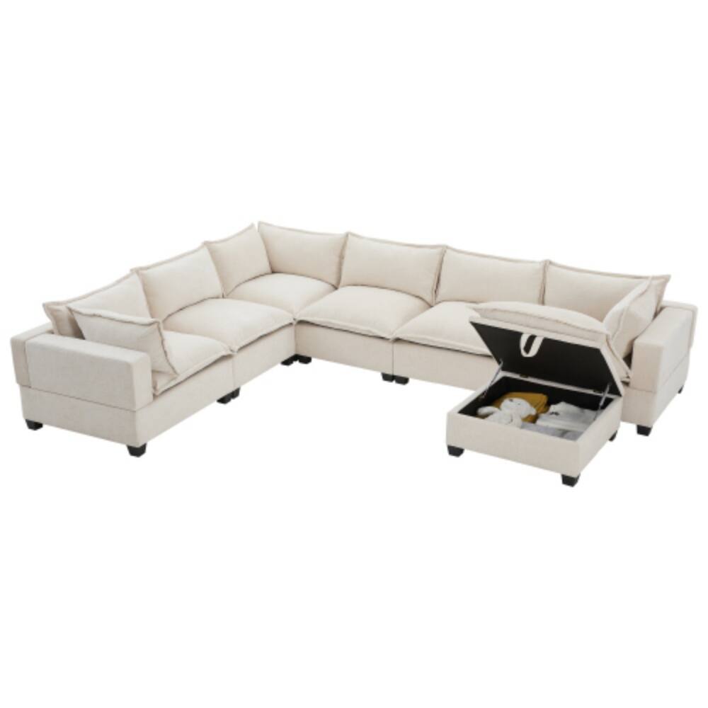 Alt View 5. LUCKY ONE - 117.5" U-Shape 7-Seat Modular Chenille Sofa w/ Movable Storage Ottoman & 2 Pillows - Beige.