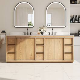 WELLFOR - 84 in Soild Wood Bathroom Vanity with Double Undermount Sink ,9 Soft-Close Drawers & 4 Soft-Close Doors - Oak