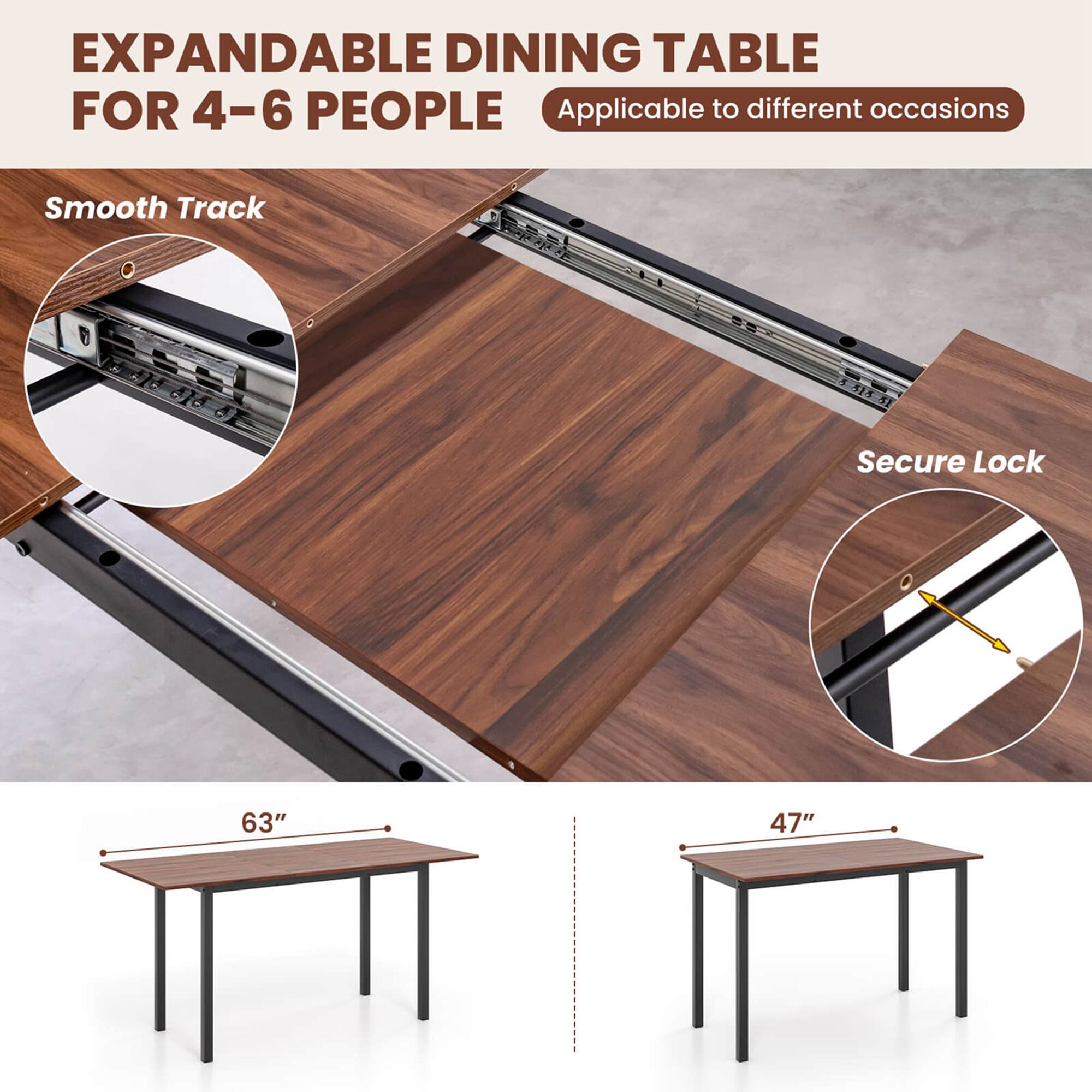 EXPANDABLE DINING TABLE FOR 4-6 PEOPLE Applicable to different occasions Smooth Track 51" Secure Lock 63" 47"