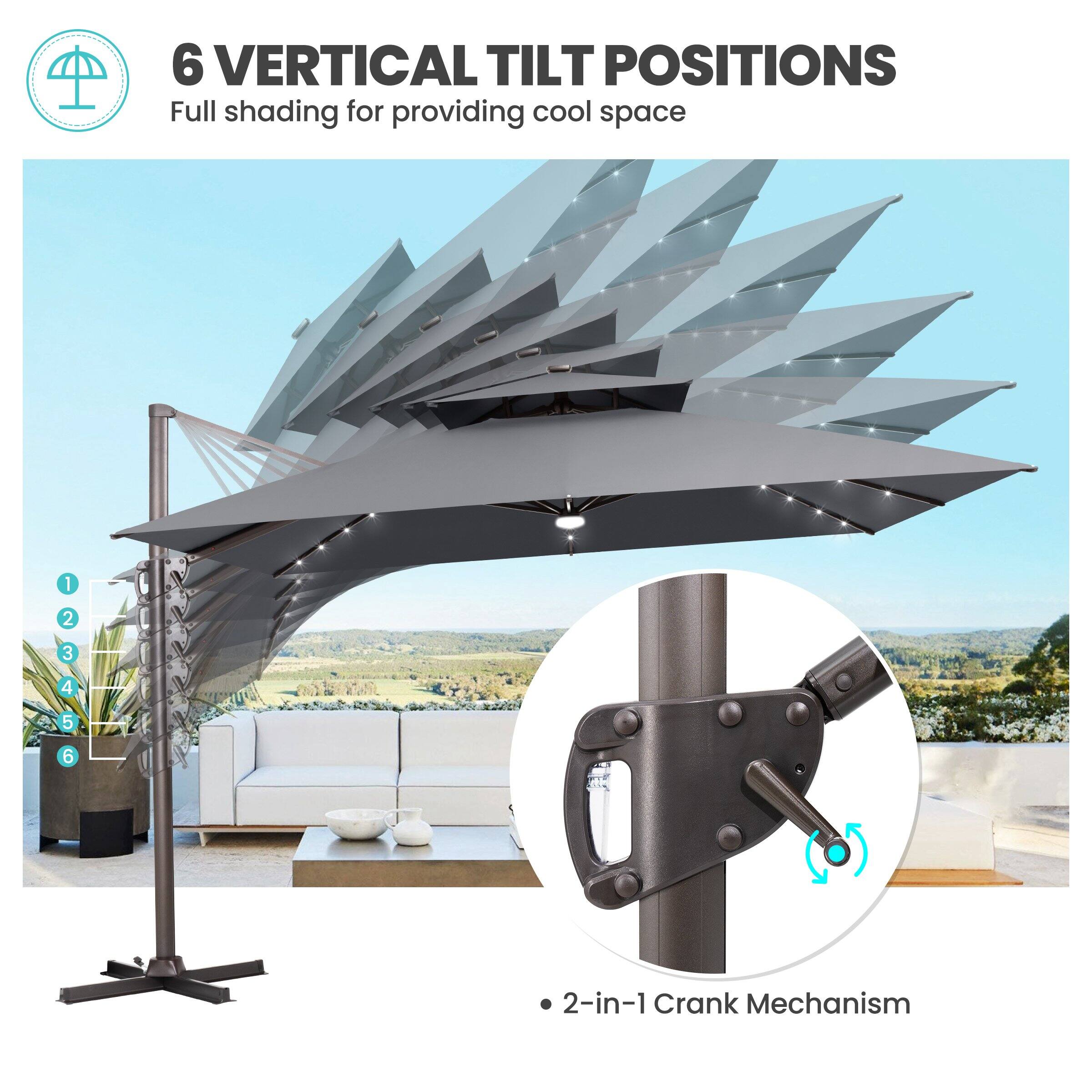 6 VERTICAL TILT POSITIONS  
Full shading for providing cool space  

1 2 3 4 5 6  

2-in-1 Crank Mechanism