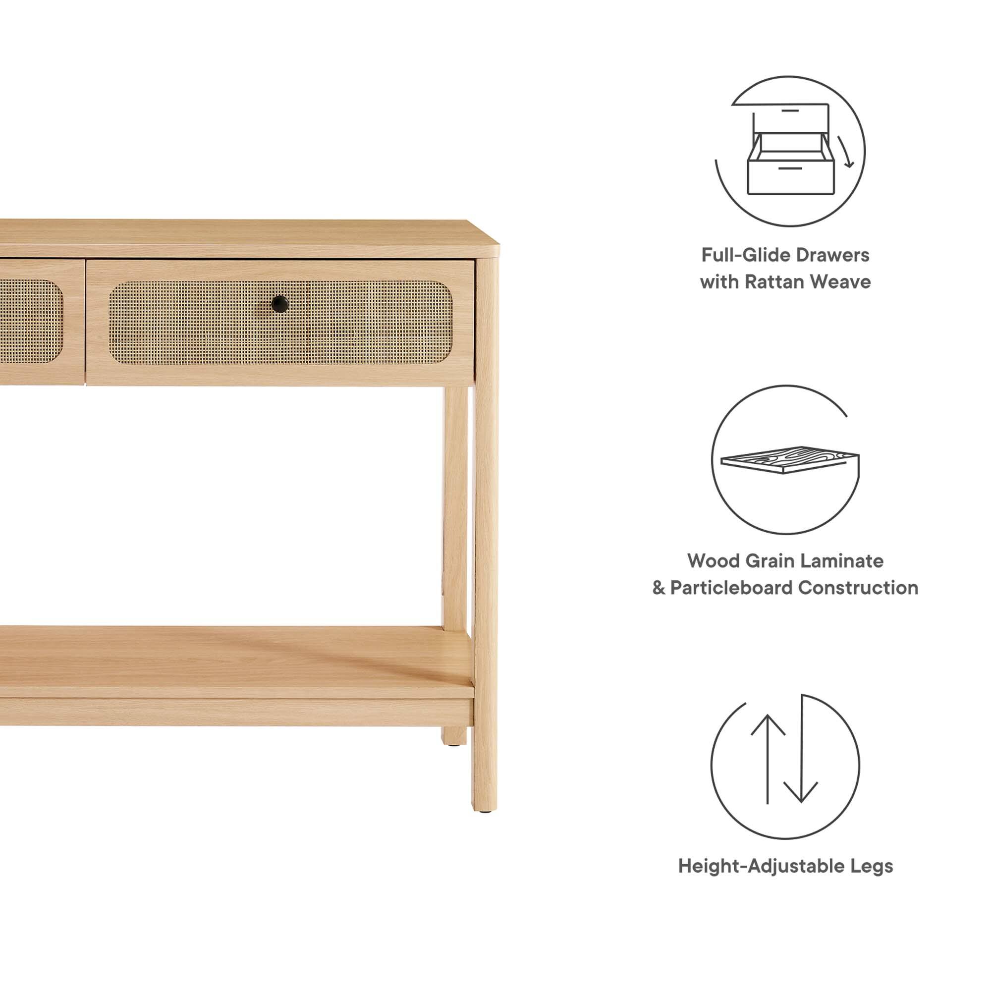 Full-Glide Drawers with Rattan Weave  
Wood Grain Laminate & Particleboard Construction  
Height-Adjustable Legs