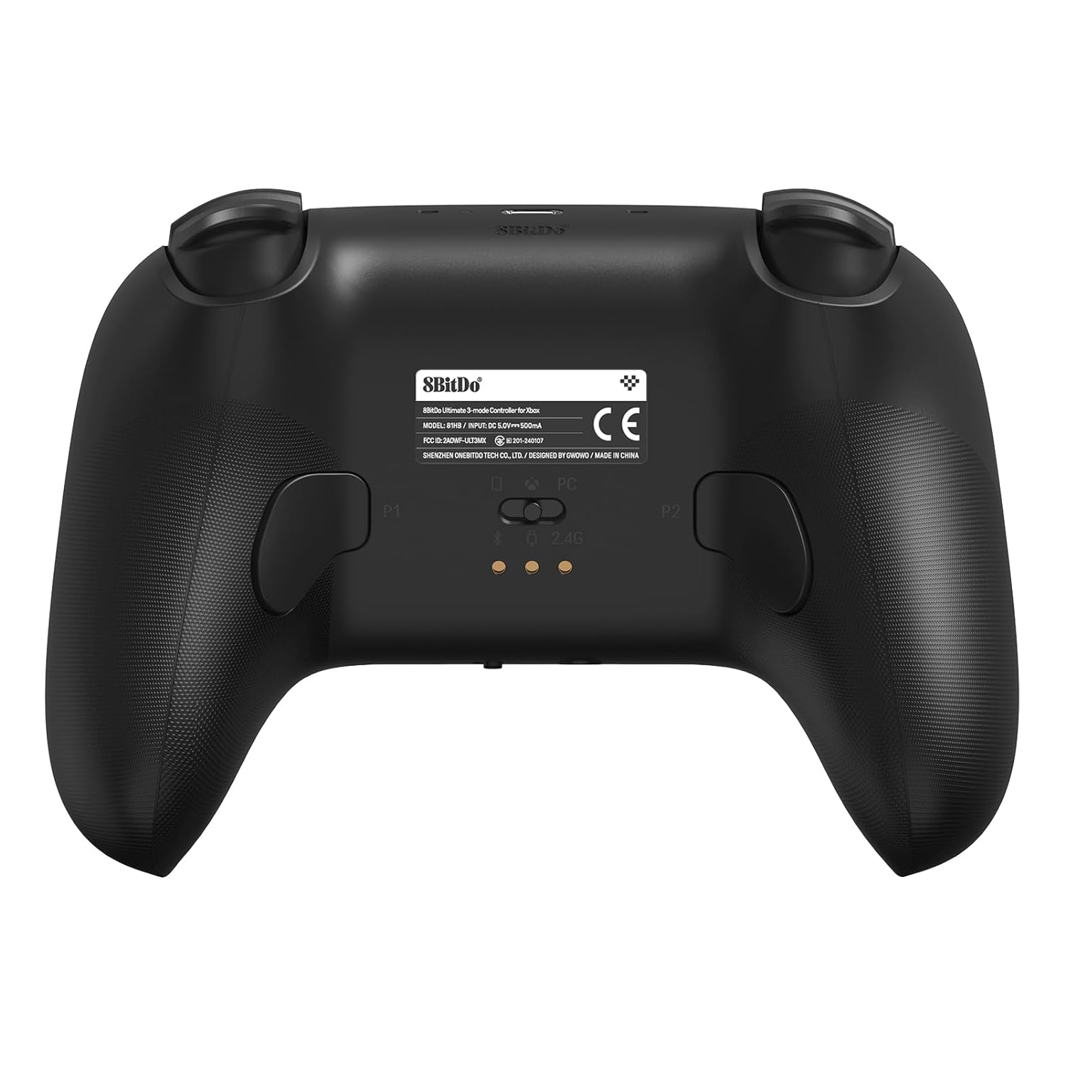 SBIE SBitDo  
SB1000 Limited 3-Mode Controller for PC  
MODEL: SB1000 / PN: SB1000 / DC: 0.6-5V / 500mA  
PC: 5V/2A-5A / PN: SB1000 / DC: 0.6-5V / 500mA  
SHENZHEN ORIENTTECH CO., LTD. / DESIGNED BROWNWOOD / MADE IN CHINA  
CE  
P1  
PC 0 2.4G  
P2