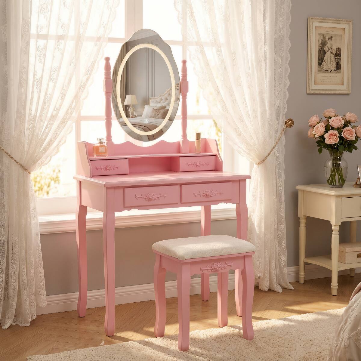 Front. Loheer - Loheer Pink Makeup Vanity Desk with LED Light Mirror and Cushioned Stool, Four Drawers - Pink.