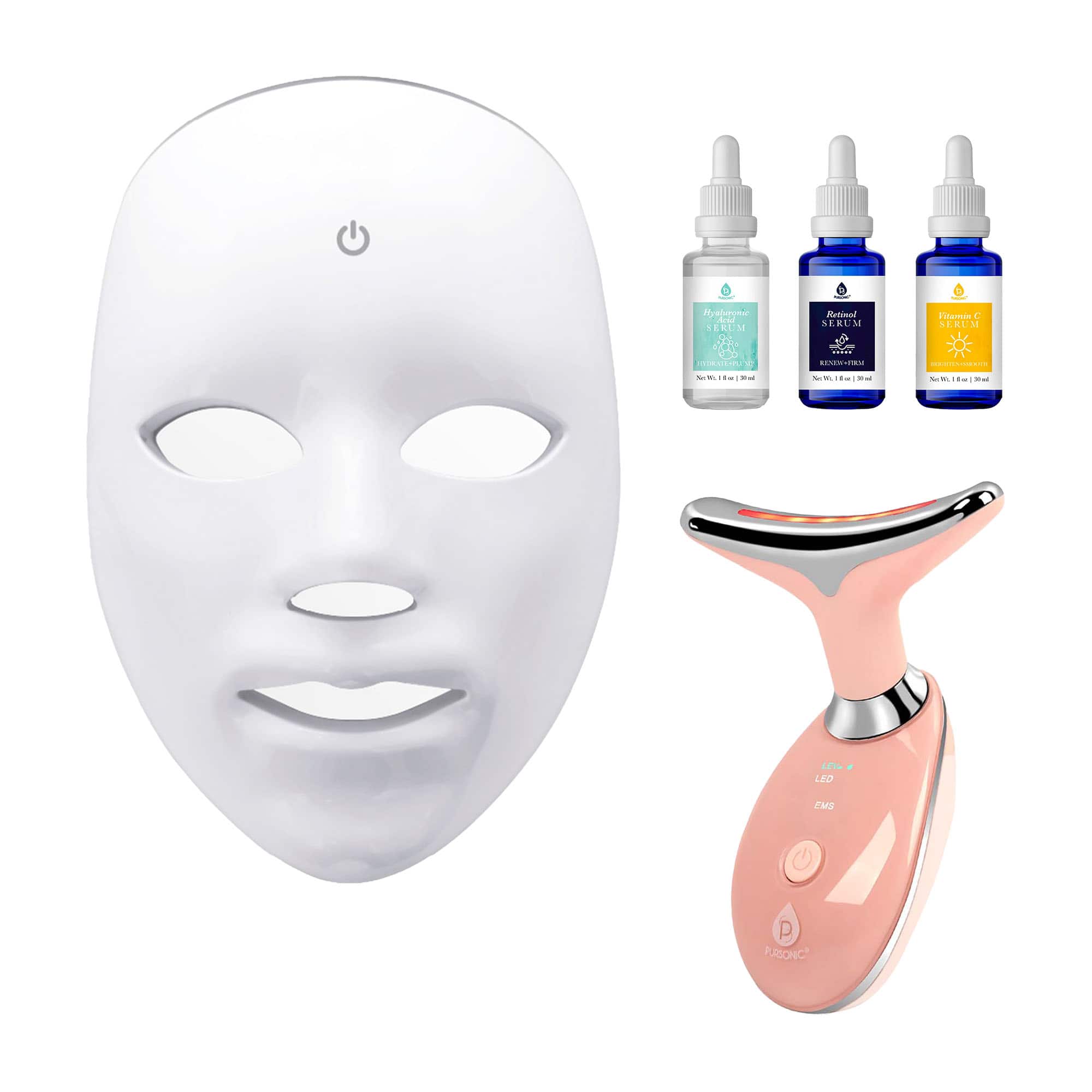 Pursonic - Complete LED Skincare Bundle – 7-in-1 LED Face Mask + Sculpting Wand + Anti-Aging Serum Set - Multicolor