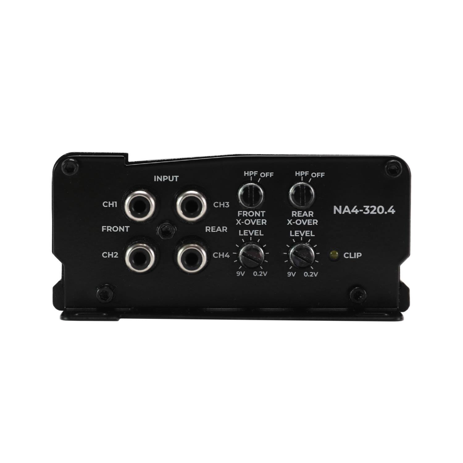 INPUT HPF OFF HPF OFF CH1 FRONT CH3 FRONT X-OVER REAR LEVEL REAR NA4-320.4 X-OVER LEVEL CH2 CH4 CLIP 9V 0.2V 9V 0.2V