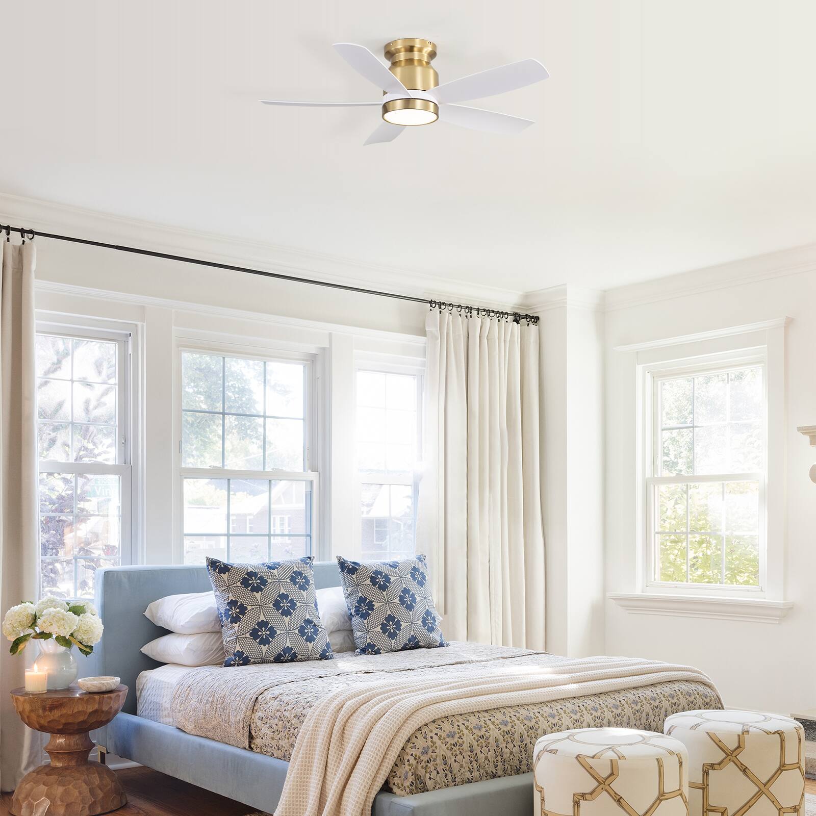 Alt View 3. Sofucor - 42in Flush Mount DC Ceiling Fan with Lights and Remote Ultra Quiet 6-Speed Hugger Low Profile Indoor Outdoor Ceiling Fan - Gold-white.