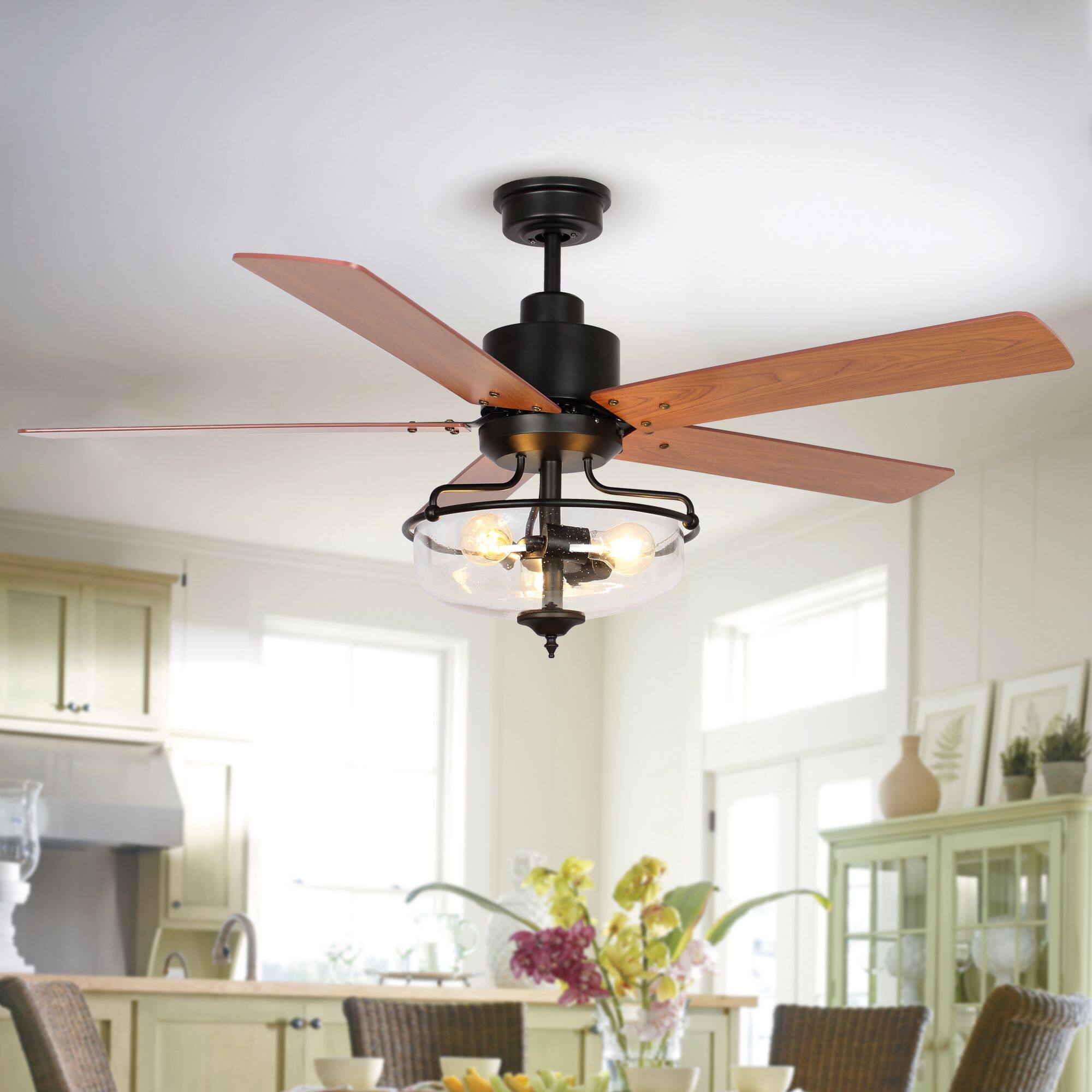 Left. Parrot Uncle - 52" Farmhouse 5-Blade Ceiling Fan with Remote Control and Glass Shade - Black.