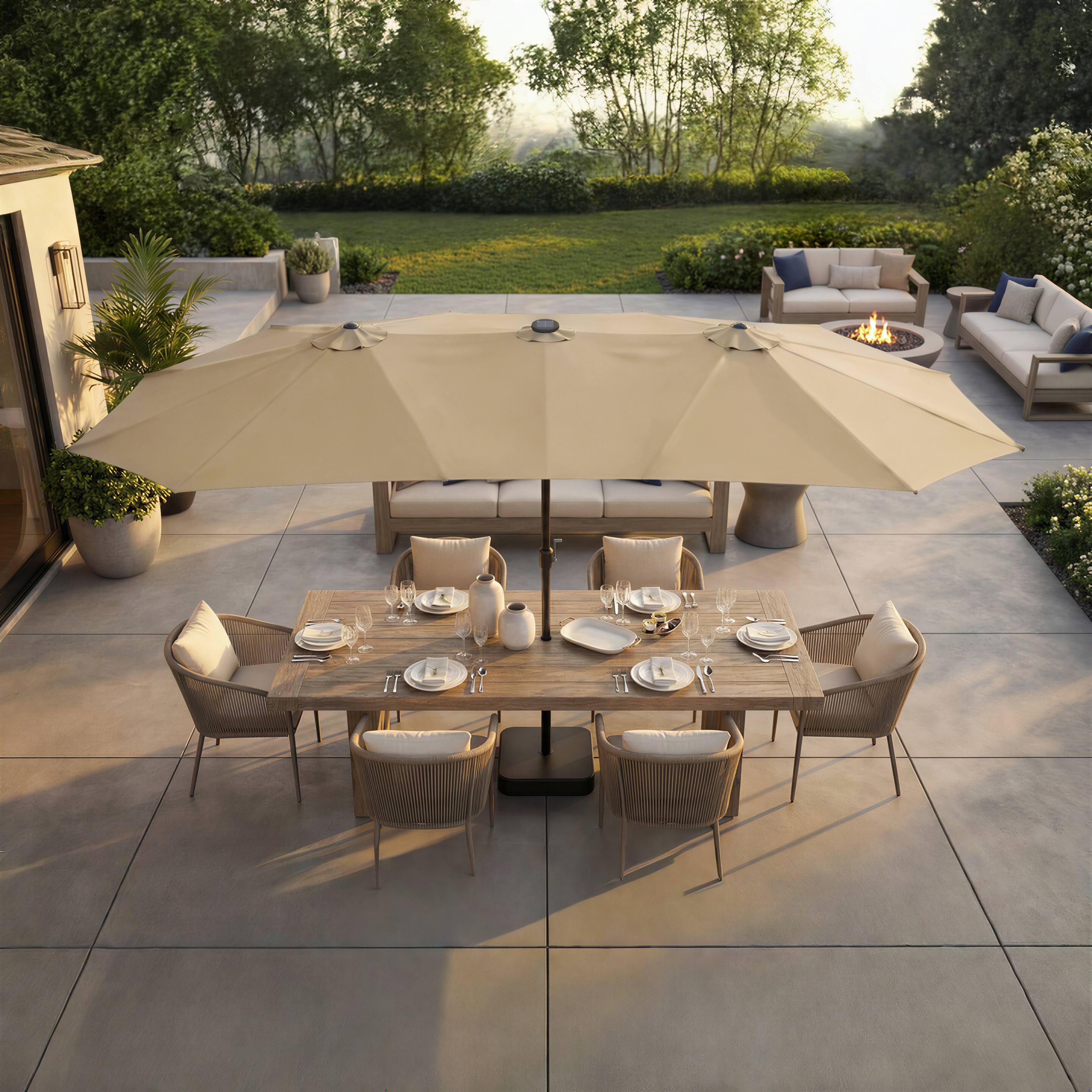 Left. Famapy - Double Top Patio Umbrella with LED Lights Outdoor Market UmbrellaLarge Twin Canopy Deck Umbrella for Patio Garden - Sand.