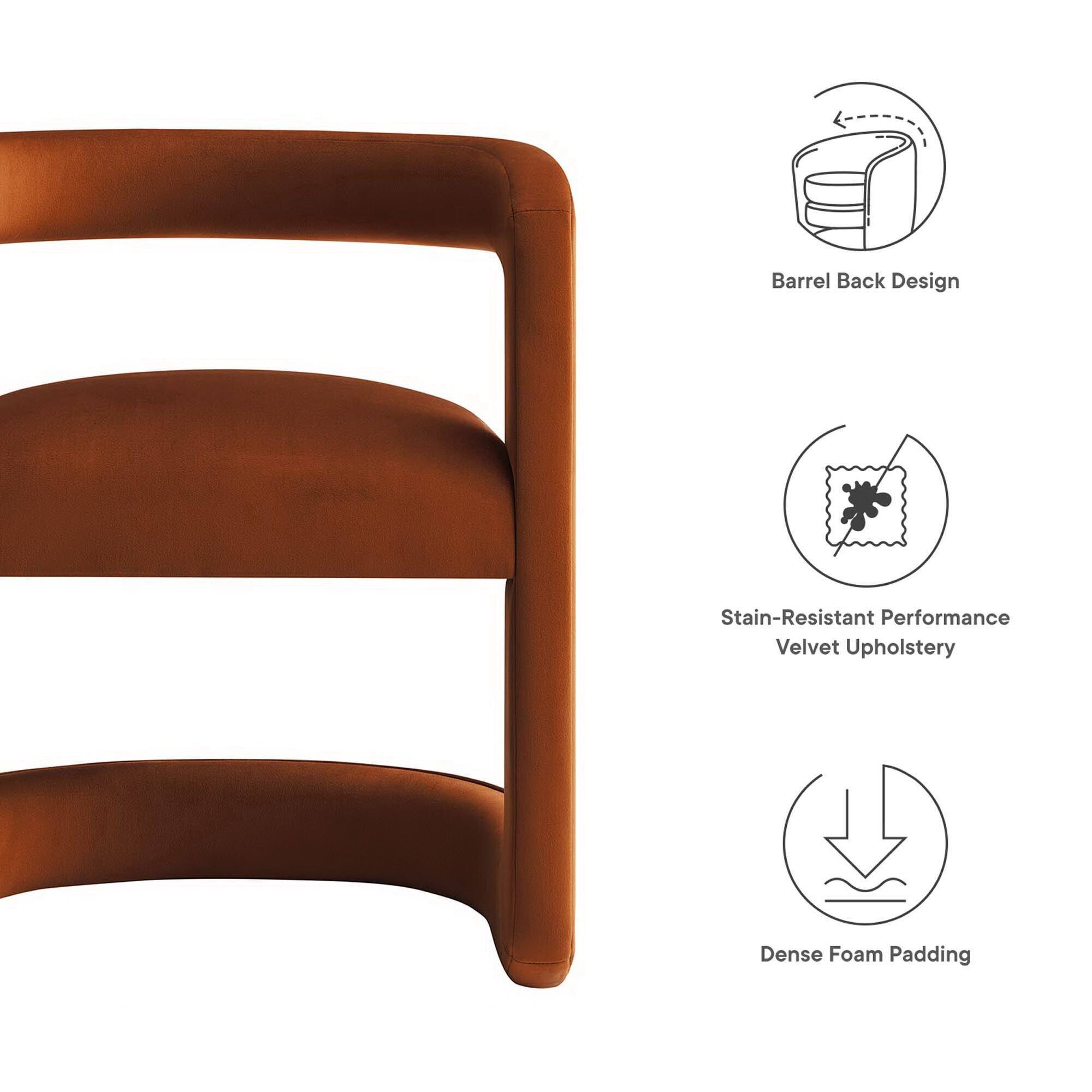 - Barrel Back Design
- Stain-Resistant Performance Velvet Upholstery
- Dense Foam Padding