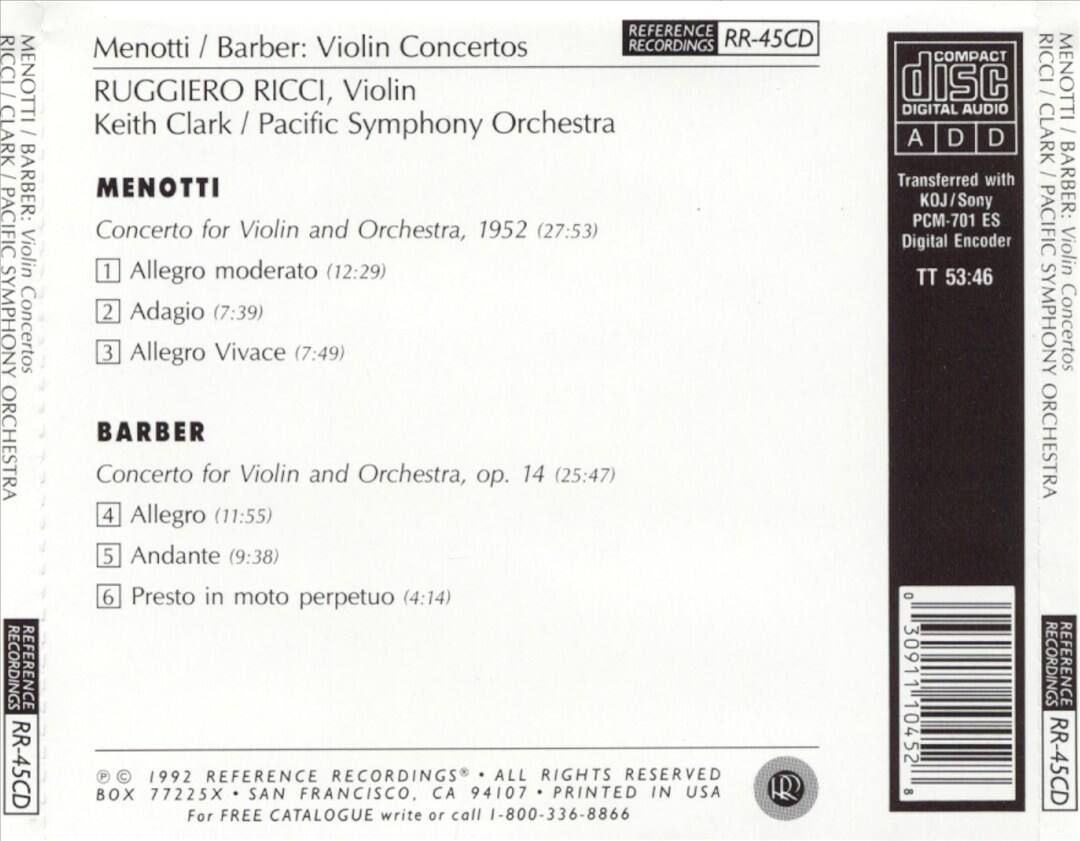Back. Menotti, Barber: Violin Concertos [CD].