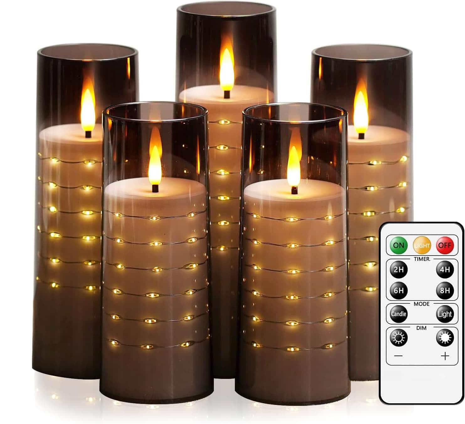 FINEAK - 7 Pack Grey Flameless LED Pillar Candles: Embedded String Lights, Battery-Operated with Remote & Timer - Gray