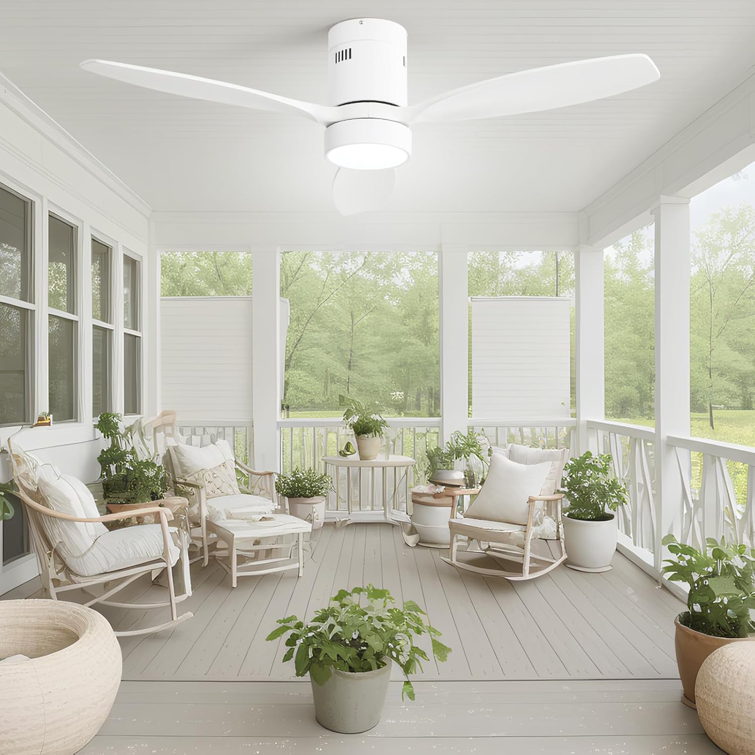 Back. Sofucor - 52IN Solid Wood Ceiling Fan with LED Light Remote Timer Reversible/Quiet 6 Speed Modern Bedroom Ceiling Fan - White.