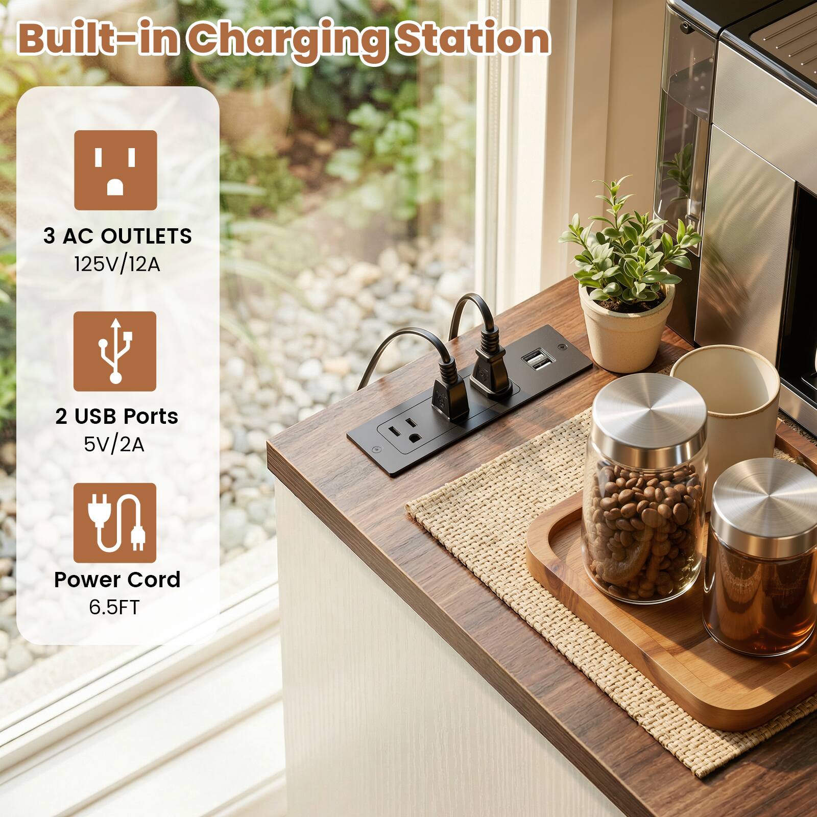 Built-in Charging Station

- 3 AC OUTLETS
  - 125V/12A
- 2 USB Ports
  - 5V/2A
- Power Cord
  - 6.5FT