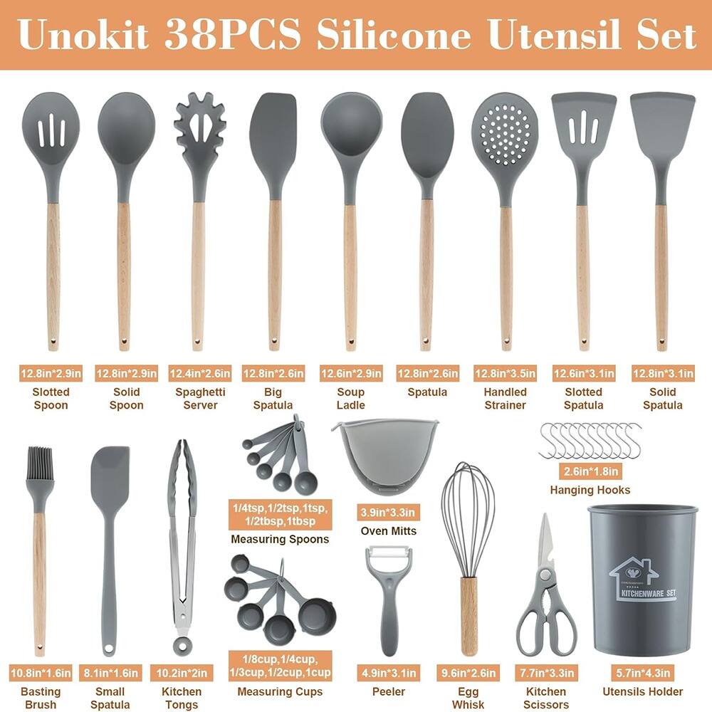Unokit 38PCS Silicone Utensil Set

- 12.8in x 2.9in Slotted Spoon
- 12.8in x 2.9in Solid Spoon
- 12.4in x 2.6in Spaghetti Server
- 12.8in x 2.6in Big Spatula
- 12.6in x 2.9in Soup Ladle
- 12.8in x 2.6in Spatula
- 12.8in x 3.5in Handled Strainer
- 12.6in x 3.1in Slotted Spatula
- 12.8in x 3.1in Solid Spatula

- 1/4tsp, 1/2tsp, 1tsp, 1/2tbsp, 1tbsp Measuring Spoons
- 10.8in x 1.6in Basting Brush
- 8.1in x 1.6in Small Spatula
- 10.2in x 2in Kitchen Tongs
- 