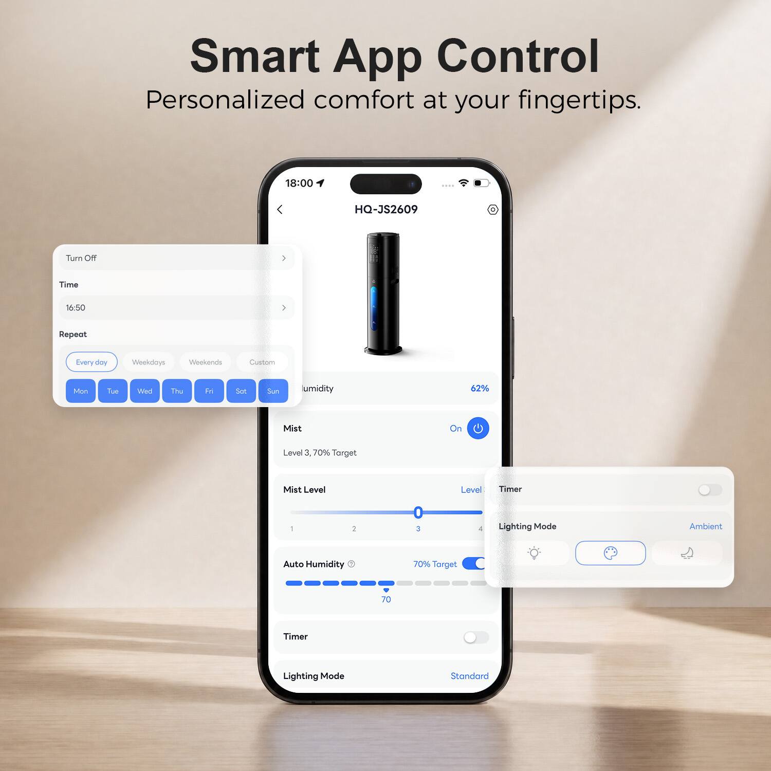 Smart App Control  
Personalized comfort at your fingertips.

18:00  
HQ-JS2609

Turn Off  
Time  
16:50  
Repeat  
Every day  
Weekdays  
Weekends  
Custom  
Mon  
Tue  
Wed  
Thu  
Fri  
Sat  
Sun

Humidity  
62%  
Mist  
On  
Level 3, 70% Target  
Mist Level  
Level  
Timer  
1  
2  
3  
4  
Lighting Mode  
Ambient  
Auto Humidity  
70% Target  
70  
Timer  
Lighting Mode  
Standard