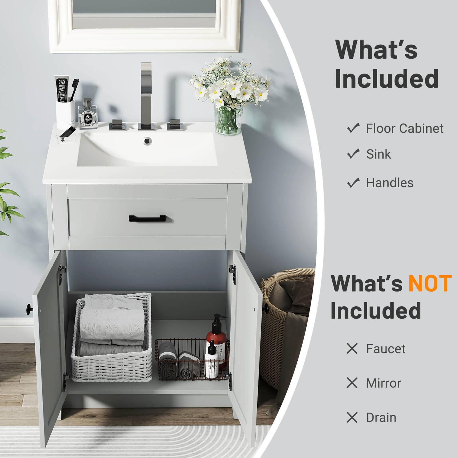 What's Included: Floor Cabinet, Sink, Handles
What's NOT Included: Faucet, Mirror, Drain