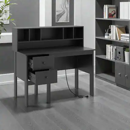 Front. Hivvago - 48" Modern Home Office Desk with Built-In Type-C Power Ports - Black.