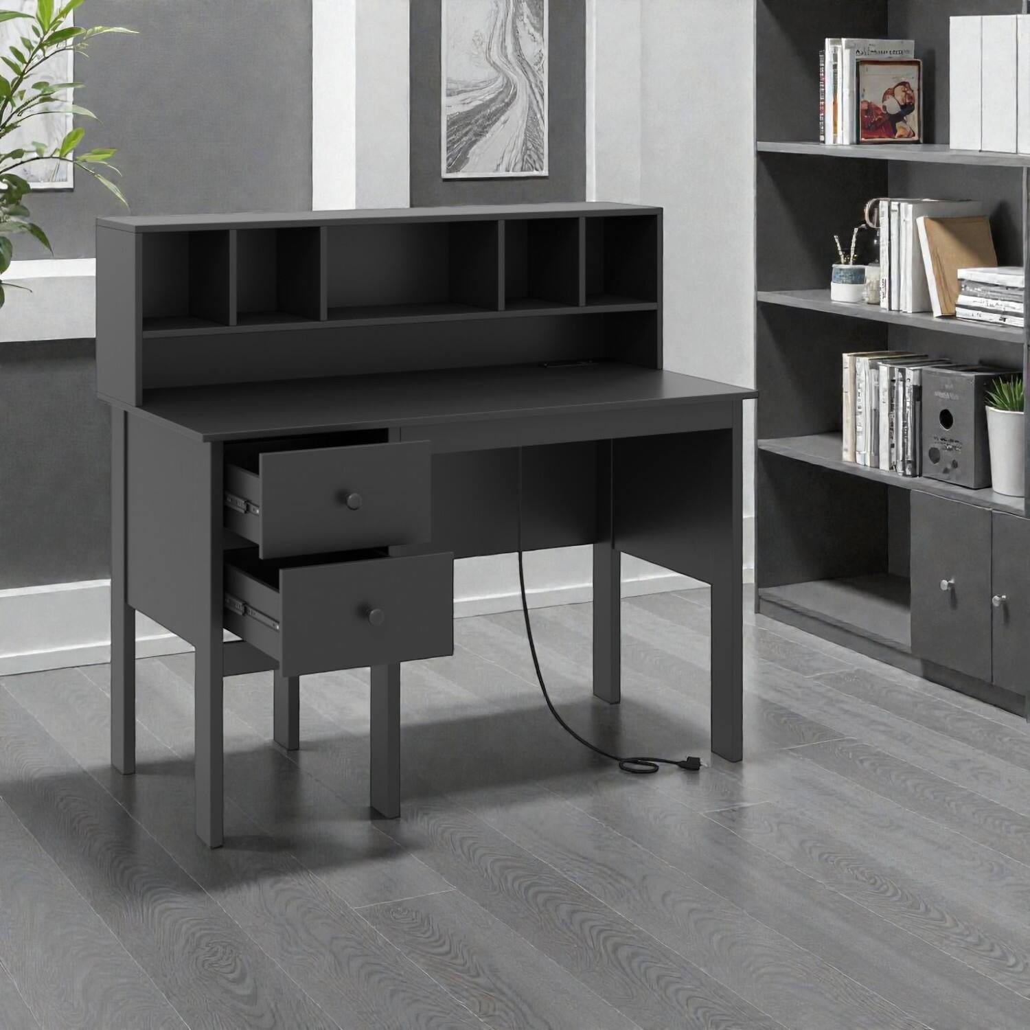 Front. Hivvago - 48" Modern Home Office Desk with Built-In Type-C Power Ports - Black.