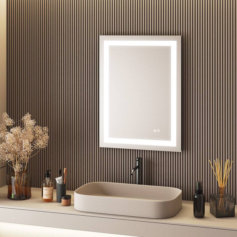 Angle. WELLFOR - 24 in W x32 in H Rectangular Frameless Anti-Fog LED Bathroom Vanity Mirror,Wall Mounted Mirror with Memory Function - Silver.