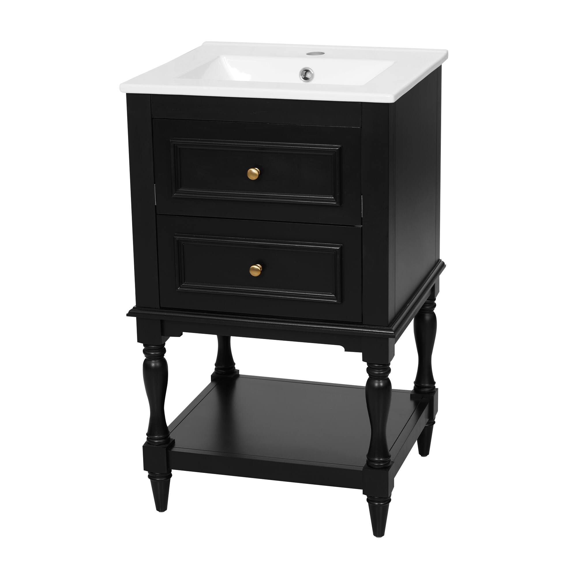 Left. Whisen - 20 Inch Retro Bathroom Vanity with Ceramic Sink 2-Drawer Storage Cabinet and Open Shelf for Home - Black.