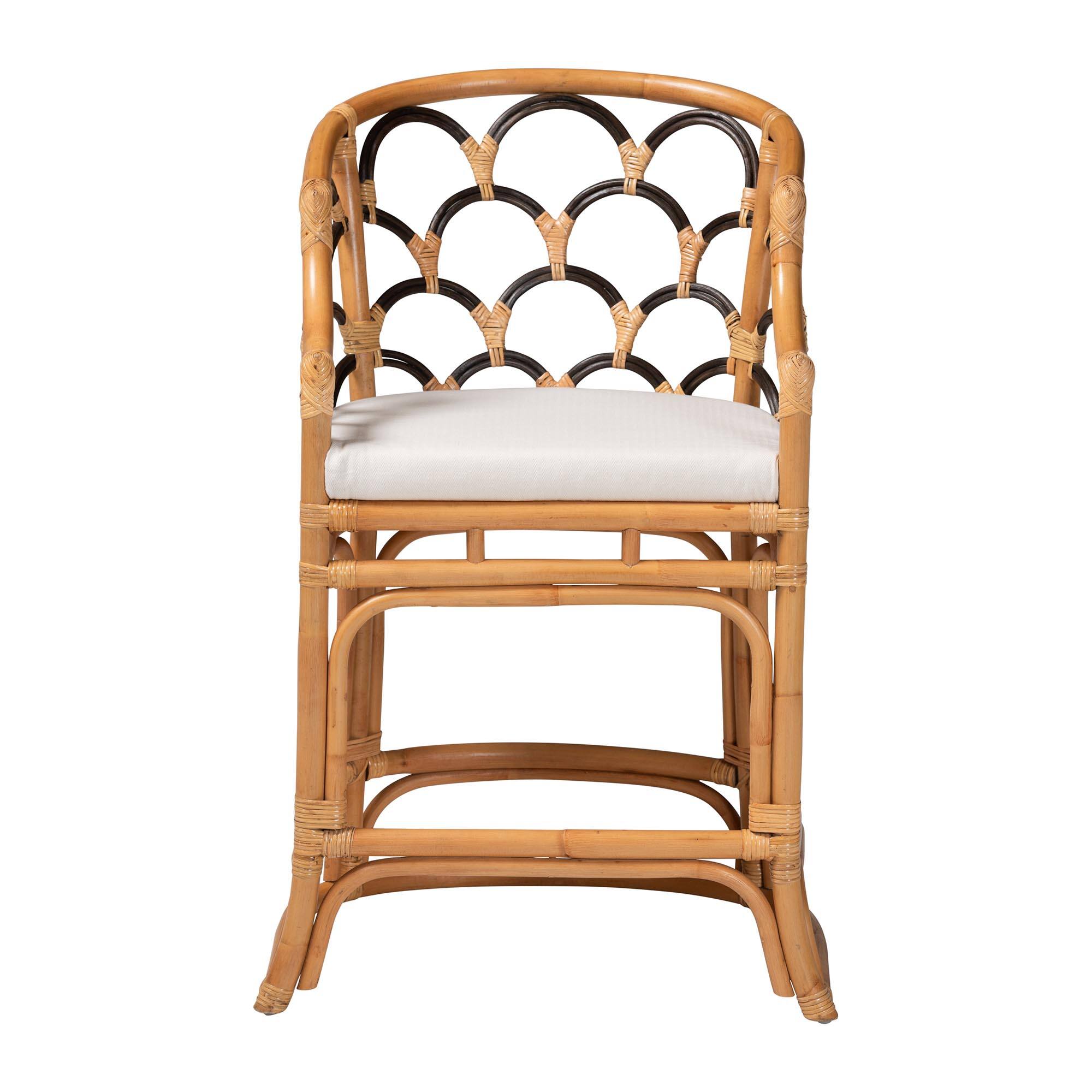 Angle. bali & pari - Veneto Natural Rattan Counter Stool with Scalloped Back - Light Honey/Dark Brown.