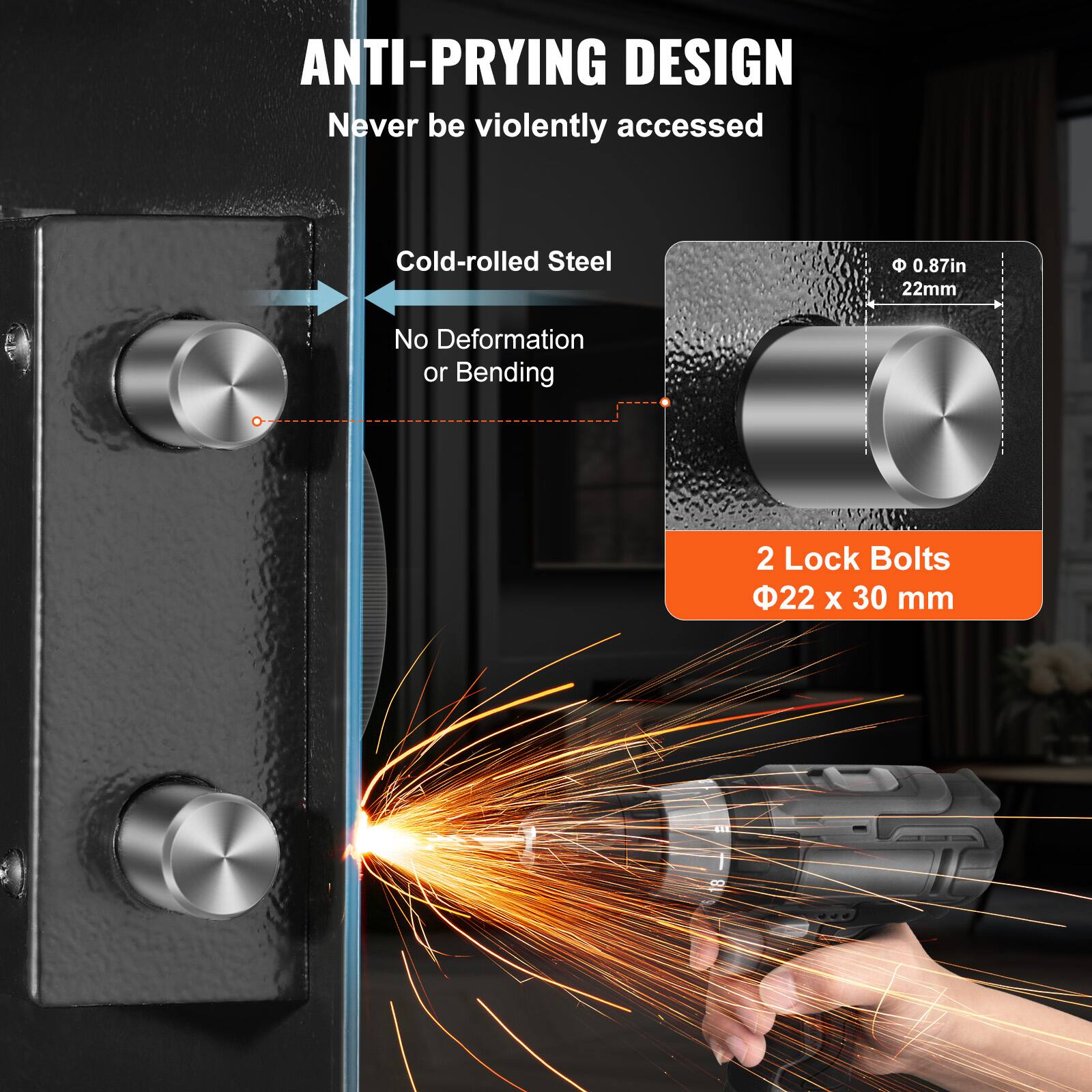 ANTI-PRYING DESIGN  
Never be violently accessed  

Cold-rolled Steel  
No Deformation or Bending  

2 Lock Bolts  
Ø22 x 30 mm  

Ø 0.87in  
22mm