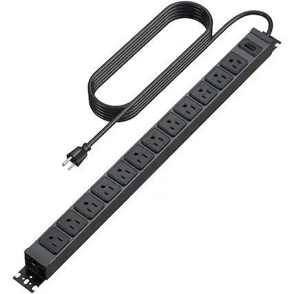 Front. Dazzed Corner - 12 Outlet Power Strip, 6FT Extension Cord - Black.