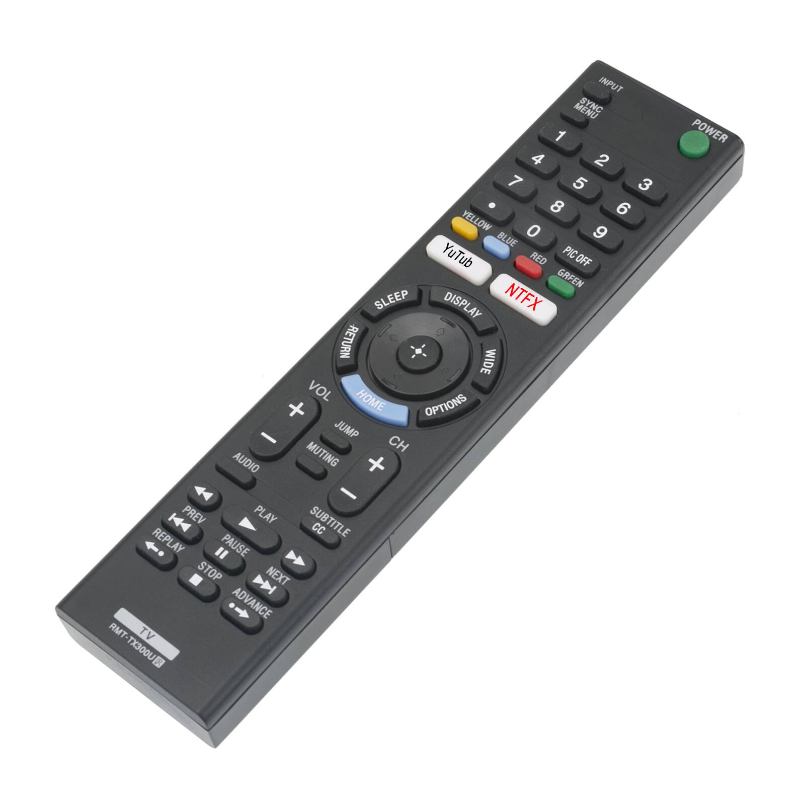 INPUT MENU SYNC 1 2 3 4 5 6 7 8 9 0 YELLOW BLUE YOUTUBE RED PIC OFF GREEN SLEEP DISPLAY NTFX RETURN WIDE VOL HOME OPTIONS JUMP CH AUDIO MUTING + PREV PLAY SUBTITLE CC REPLAY PAUSE STOP NEXT ADVANCE RMT-TX300U TV POWER