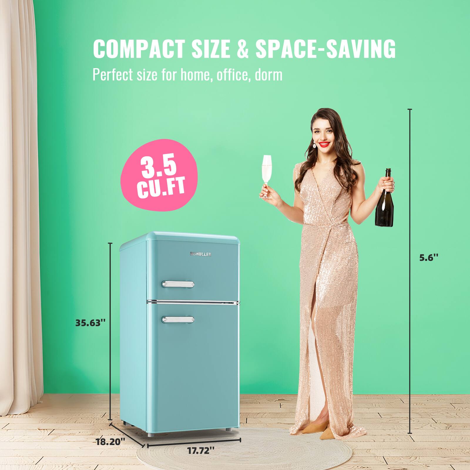 COMPACT SIZE & SPACE-SAVING  
Perfect size for home, office, dorm  

3.5 CU.FT  

CHULLER  

5.6"  
35.63"  
18.20"  
17.72"