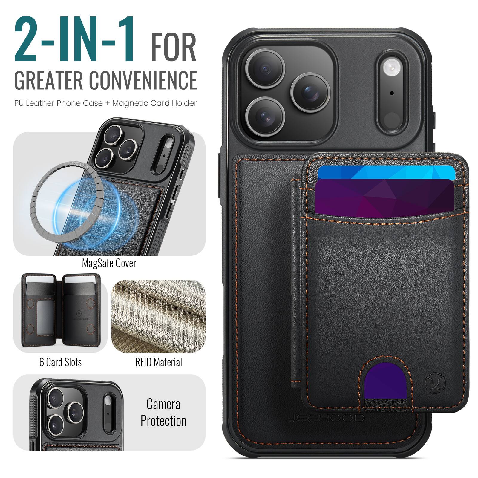 2-IN-1 FOR GREATER CONVENIENCE  
PU Leather Phone Case + Magnetic Card Holder  
MagSafe Cover  
6 Card Slots  
RFID Material  
Camera Protection  
UCCHOOD