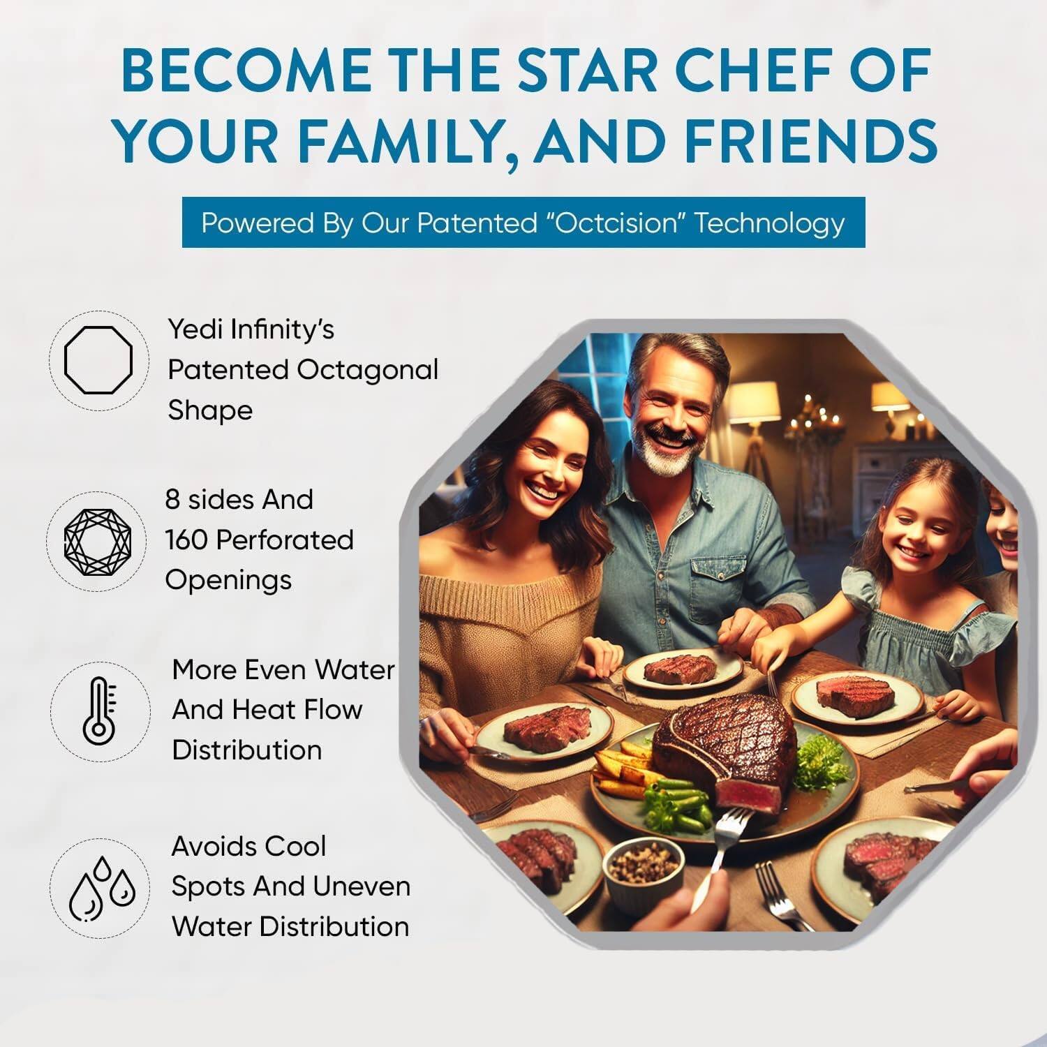 BECOME THE STAR CHEF OF YOUR FAMILY, AND FRIENDS

Powered By Our Patented "Octcision" Technology

- Yedi Infinity's Patented Octagonal Shape
- 8 sides And 160 Perforated Openings
- More Even Water And Heat Flow Distribution
- Avoids Cool Spots And Uneven Water Distribution