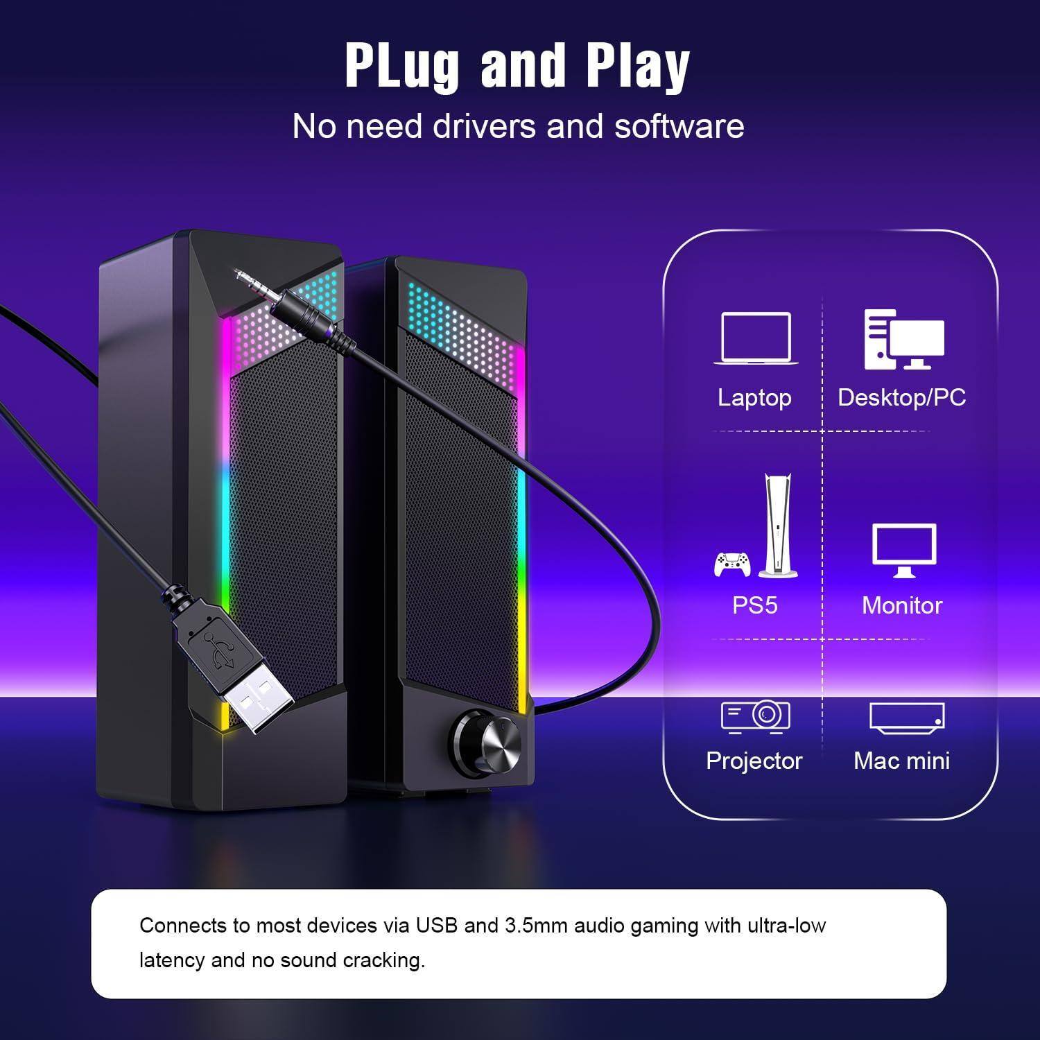 Plug and Play  
No need drivers and software  

Connects to most devices via USB and 3.5mm audio gaming with ultra-low latency and no sound cracking.  

Laptop  
Desktop/PC  
PS5  
Monitor  
Projector  
Mac mini