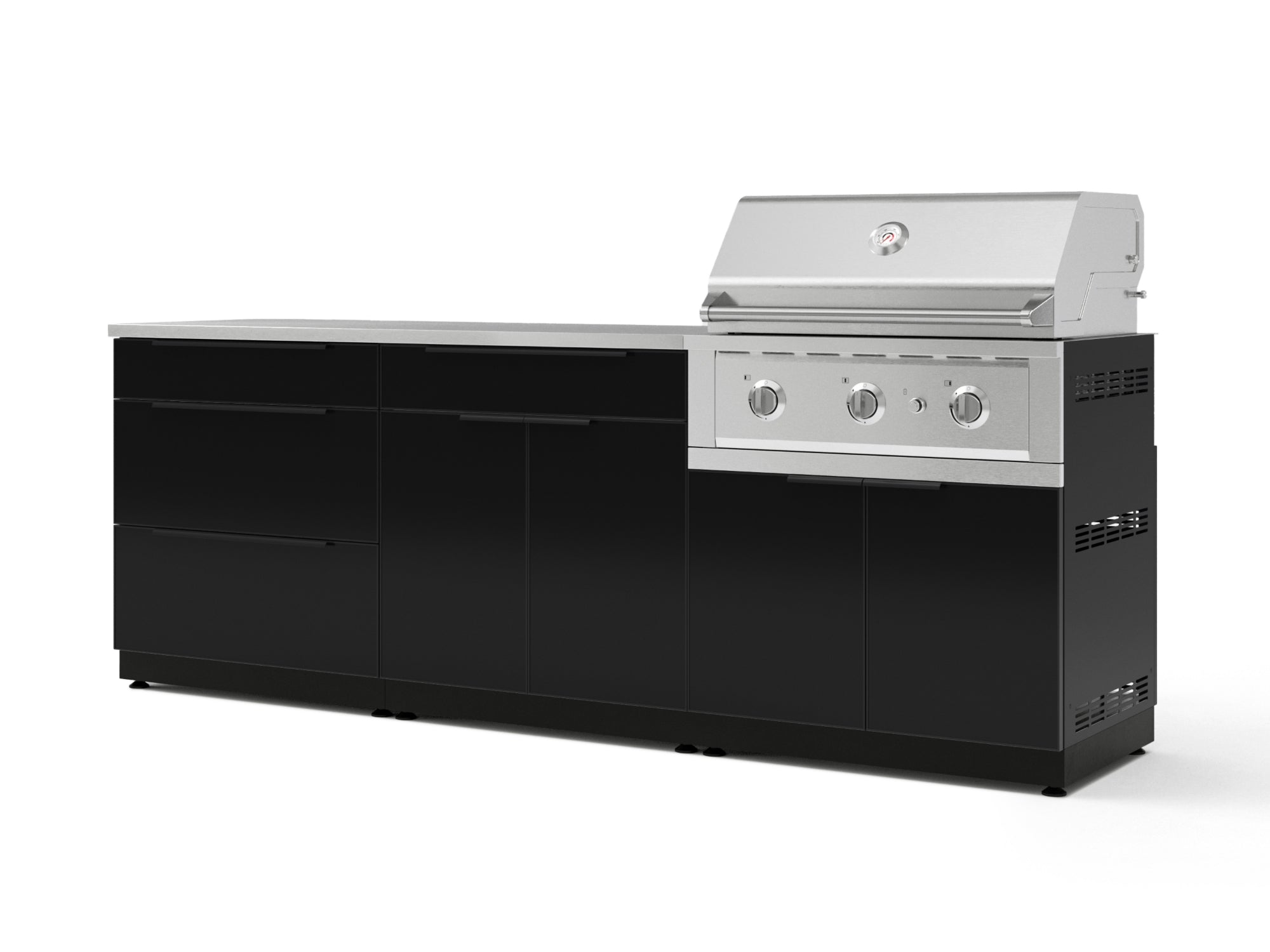 Front. NewAge Products - Outdoor Kitchen Aluminum 5 Piece Cabinet Set With 3 Drawer, Bar, Grill Cabinet, Performance Grill and Countertop - Black.