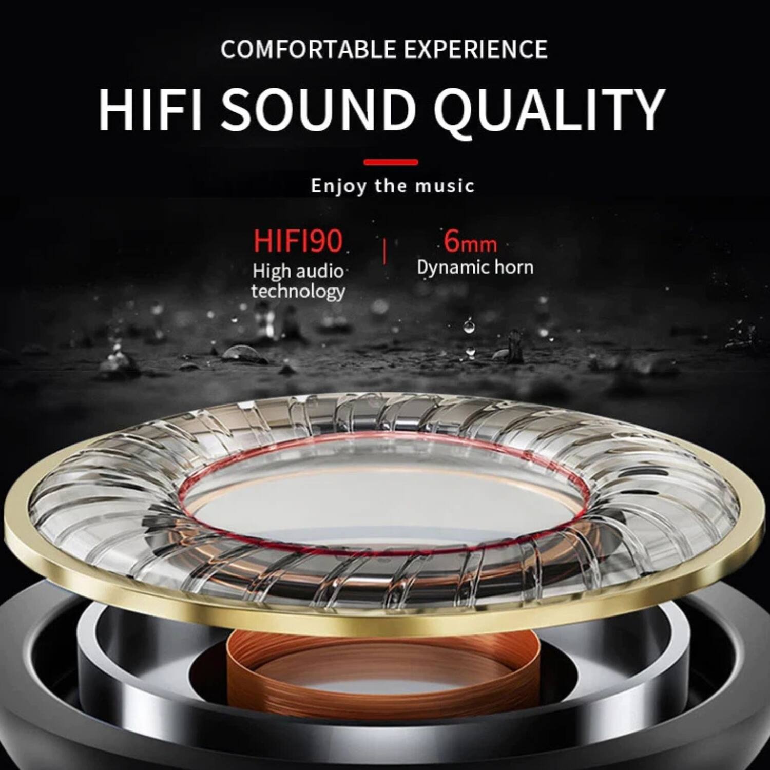 COMFORTABLE EXPERIENCE  
HIFI SOUND QUALITY  
Enjoy the music  

HIFI90  
High audio technology  

6mm  
Dynamic horn
