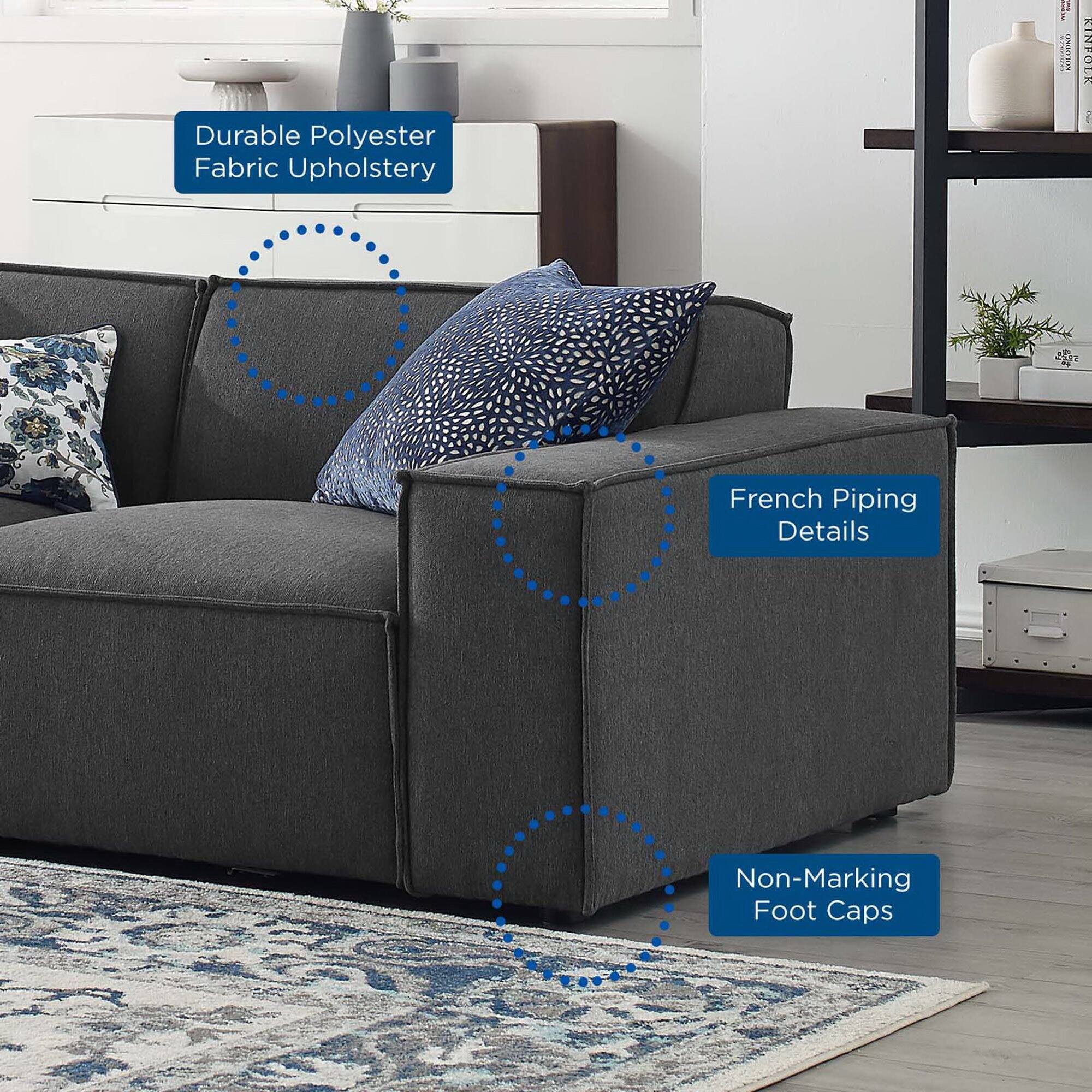 - Durable Polyester Fabric Upholstery
- French Piping Details
- Non-Marking Foot Caps