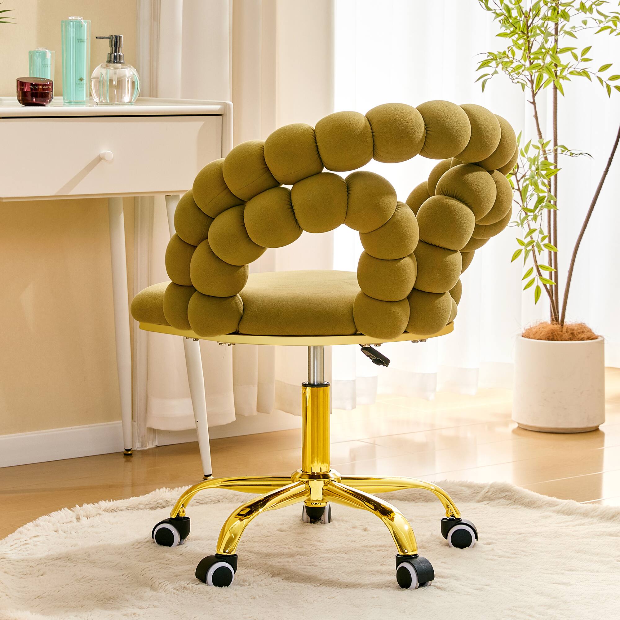 Left. Loheer - Loheer- Velvet Desk Chair Adjustable Swivel Makeup Desk Chair with Bubble Back, 2.82 ft Mustard Yellow - Gold,Yellow.