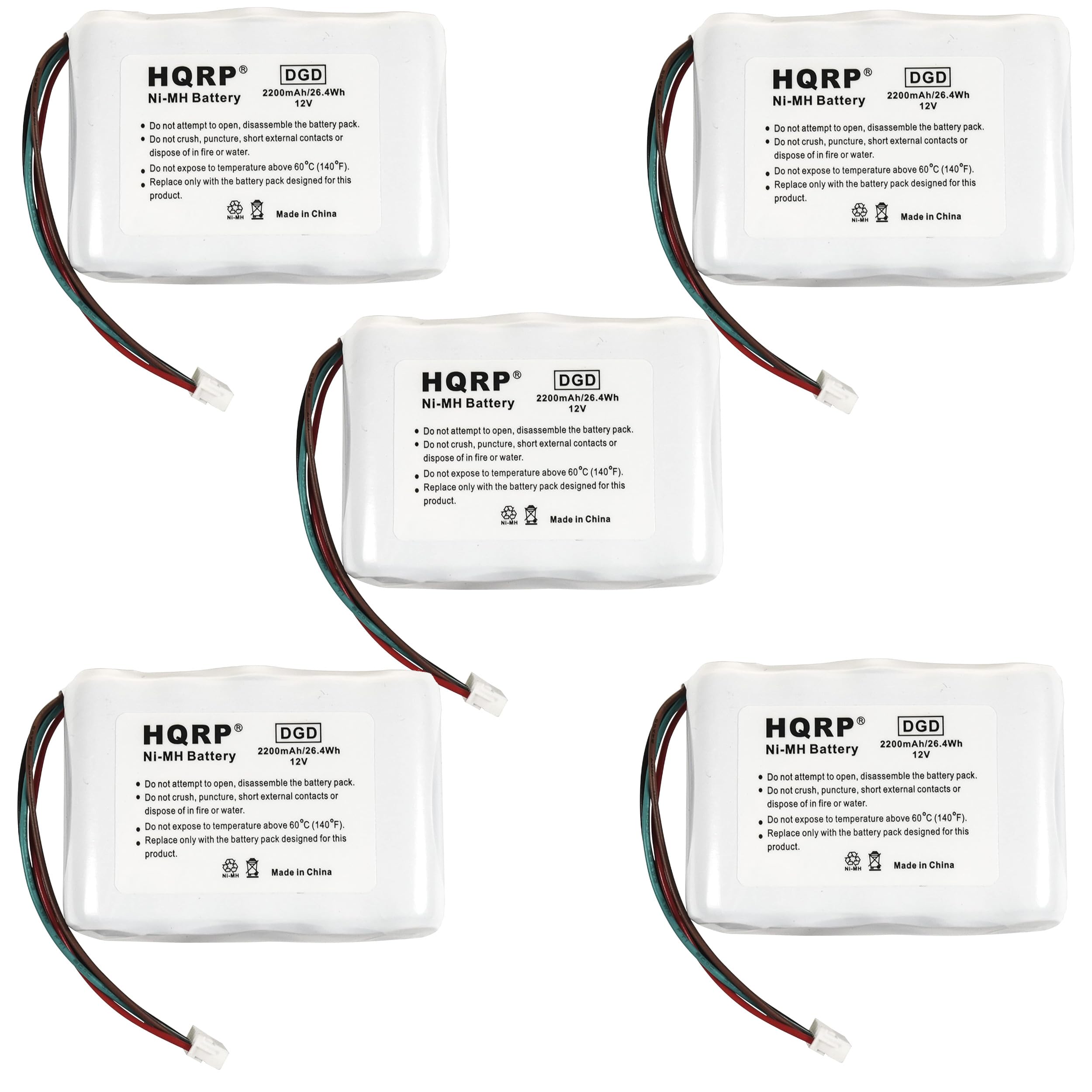 HQRP DGD 2200mAh/26.4Wh Ni-MH Battery 12V

Do not attempt to open, disassemble the battery pack. Do not crush, puncture, short external contacts or dispose of in fire or water. Do not expose to temperature above 60°C (140°F). Replace only with the battery pack designed for this product. Made in China