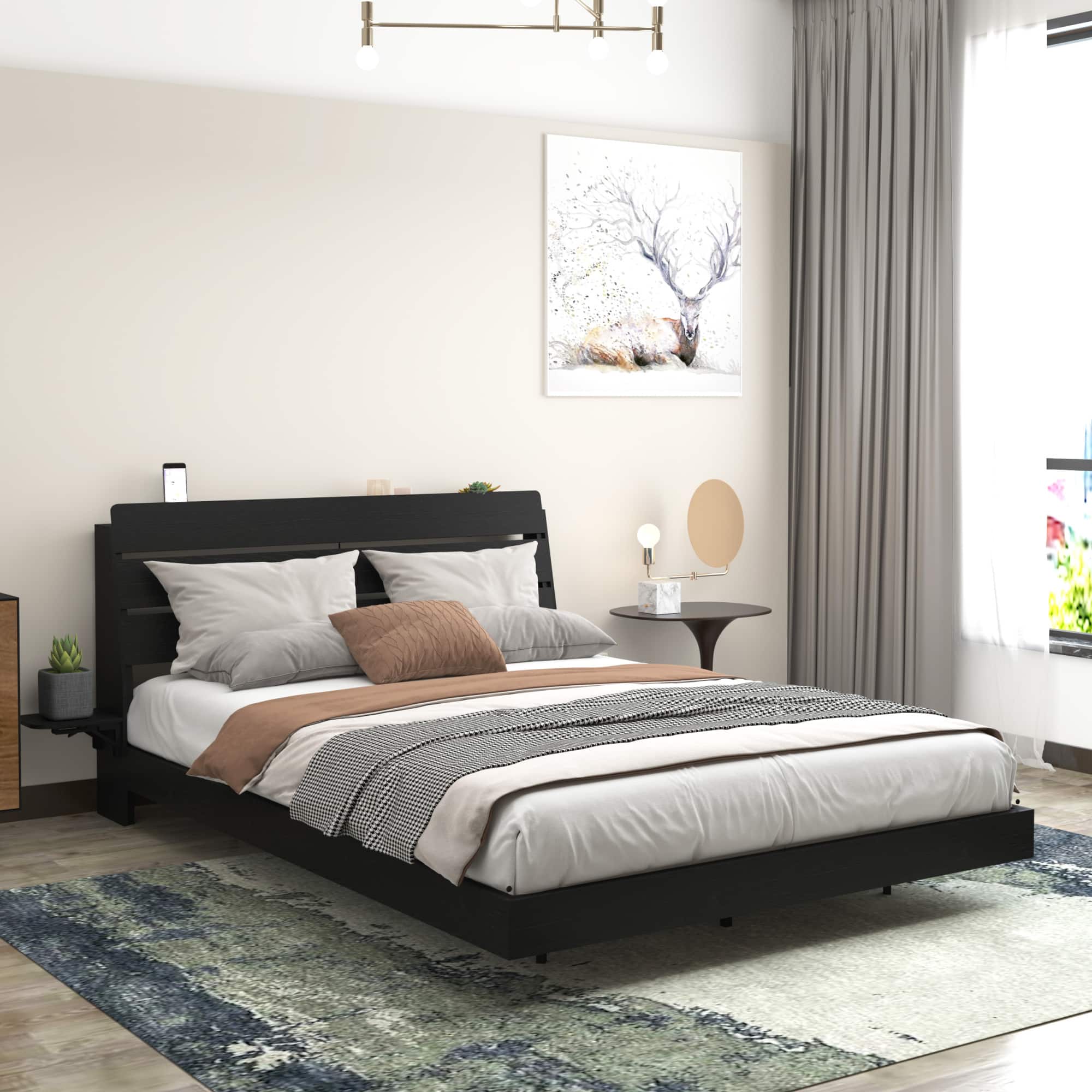 GOODSILO - Queen Size Floating Bed Frame with LED Lights and Storage Headboard, Includes Charging Station and Easy Assembly Design - Black